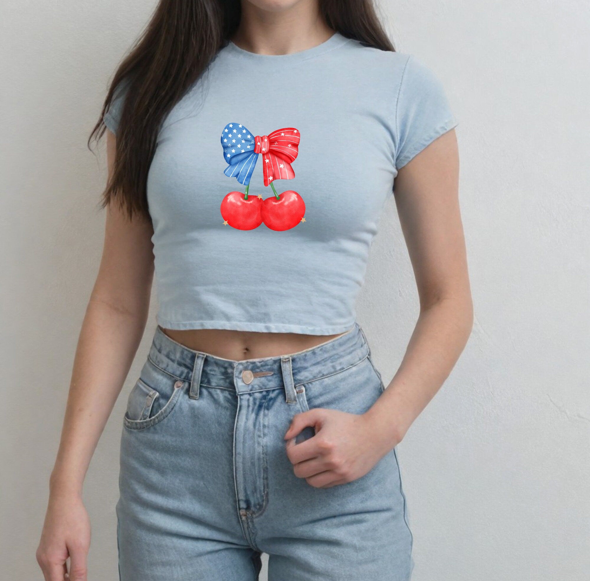 USA Cherries 4th of July Baby Tee Forth of July Bow Design Cute July 4th Baby Tee Gildan 5000B T Shirt, Independence Day Cropped Shirt