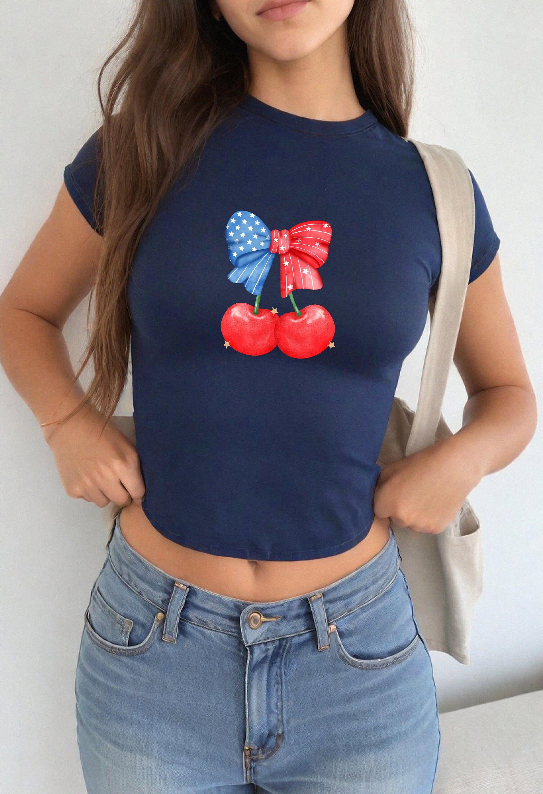 USA Cherries 4th of July Baby Tee Forth of July Bow Design Cute July 4th Baby Tee Gildan 5000B T Shirt, Independence Day Cropped Shirt