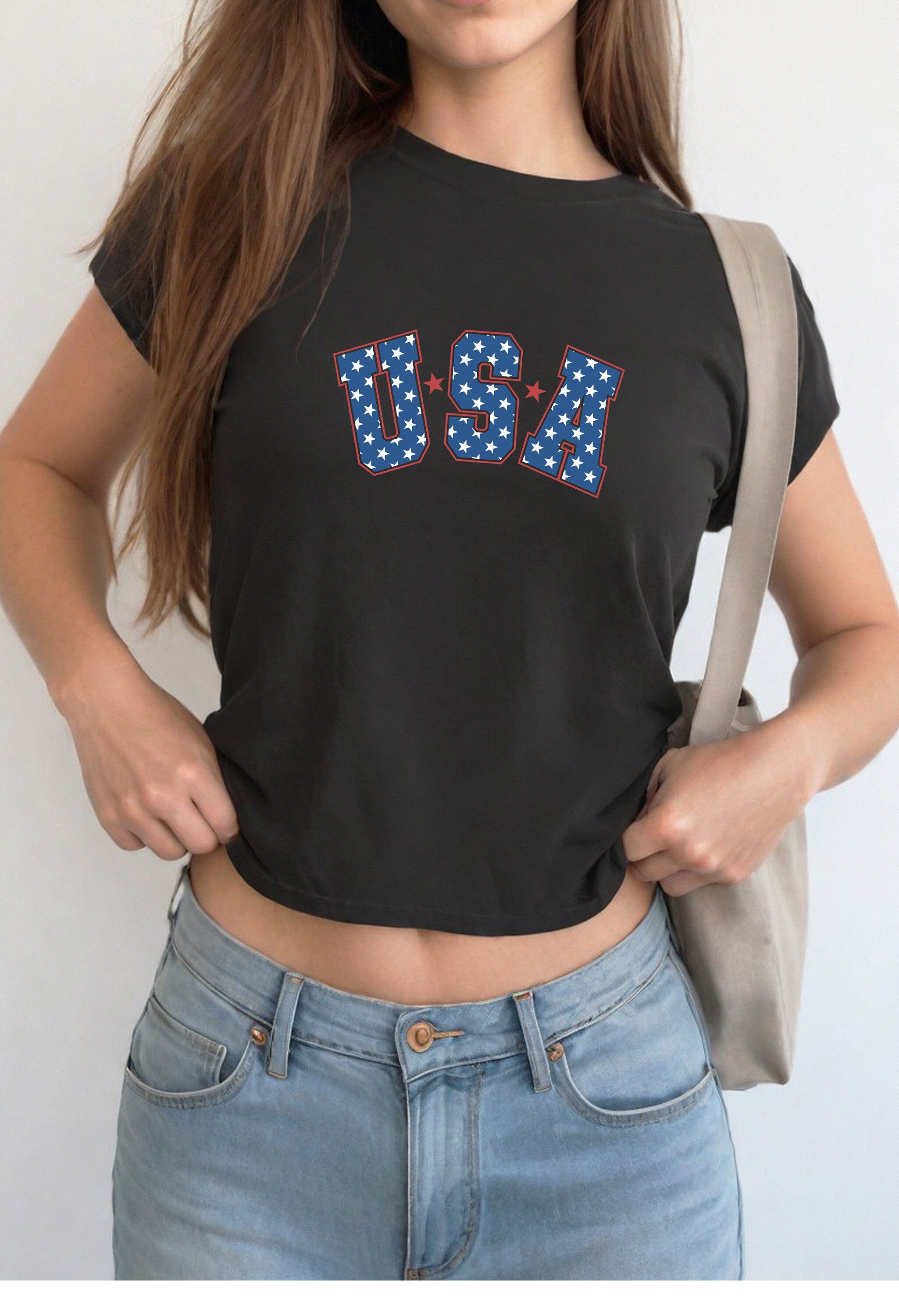 USA Stars 4th of July Baby Tee Forth of July Varsity Design Cute July 4th Baby Tee Gildan 5000B T Shirt, Independence Day Cropped Shirt