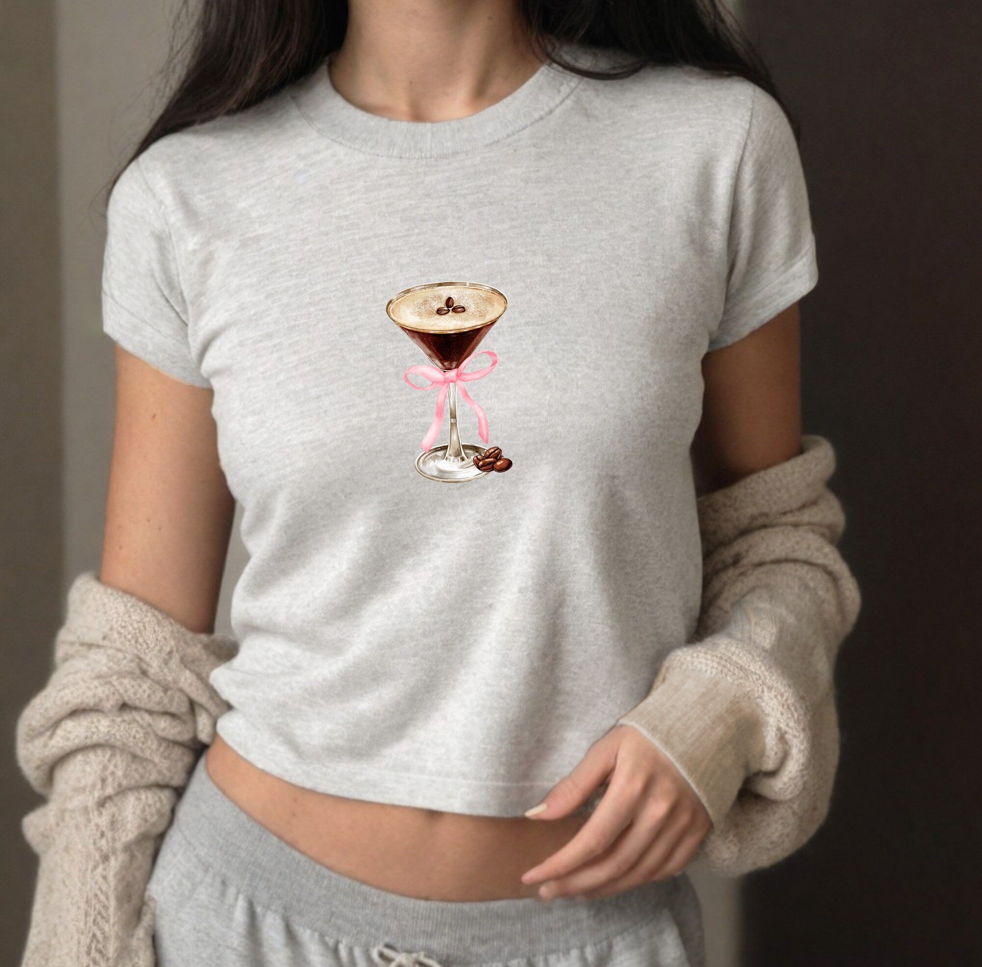 Espresso Martini Pink Bow Baby Tee, Baby Tee, Cute Bow Graphic T, 90s TShirt, Pink Coquette Bow Tee Girly y2k baby tee 90s baby tee y2k Crop