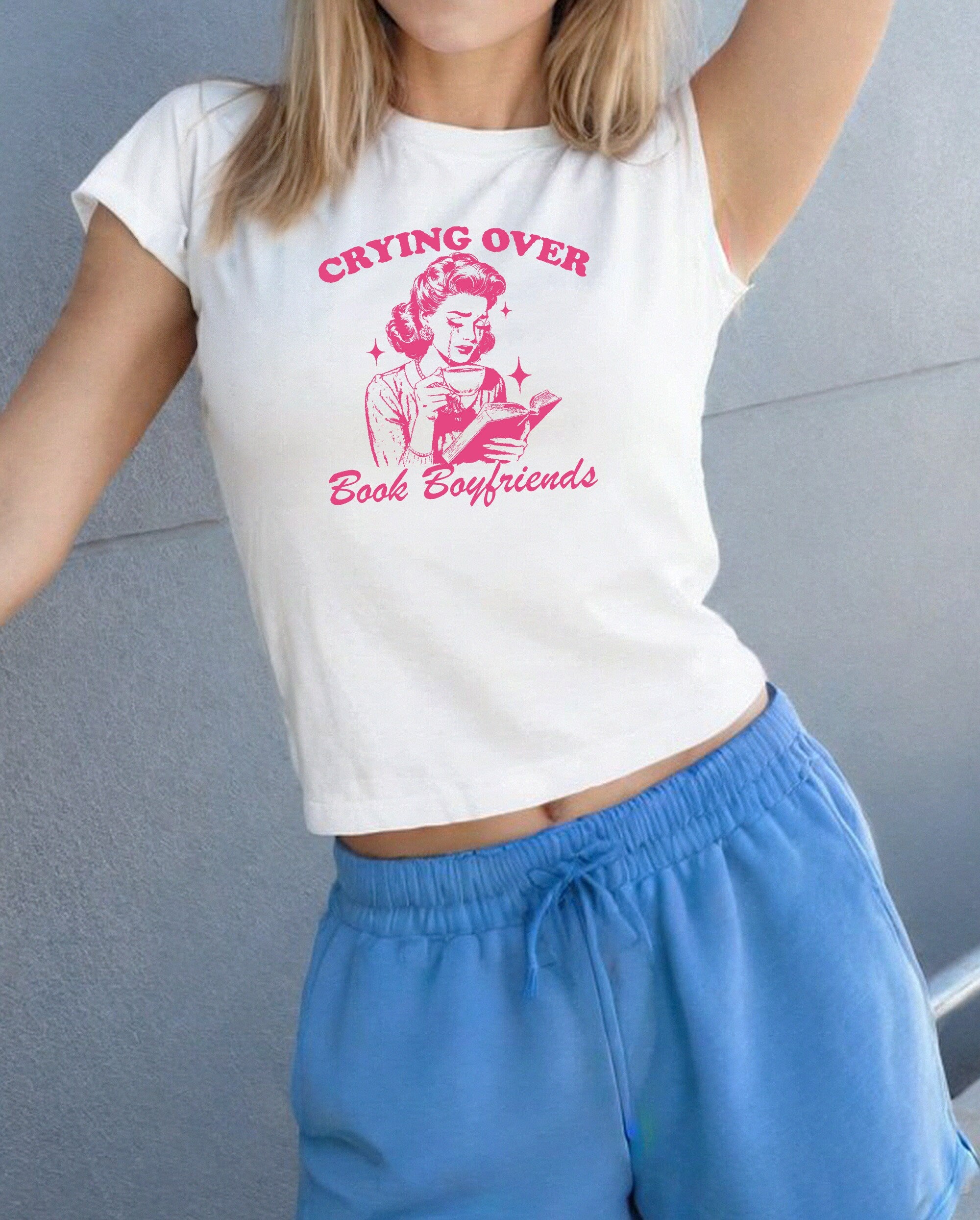 Crying Over Book Boyfriends Baby Tee Book Lover Graphic T, 90s T Shirt Reading Girly y2k baby tee 90s baby tee y2k Crop