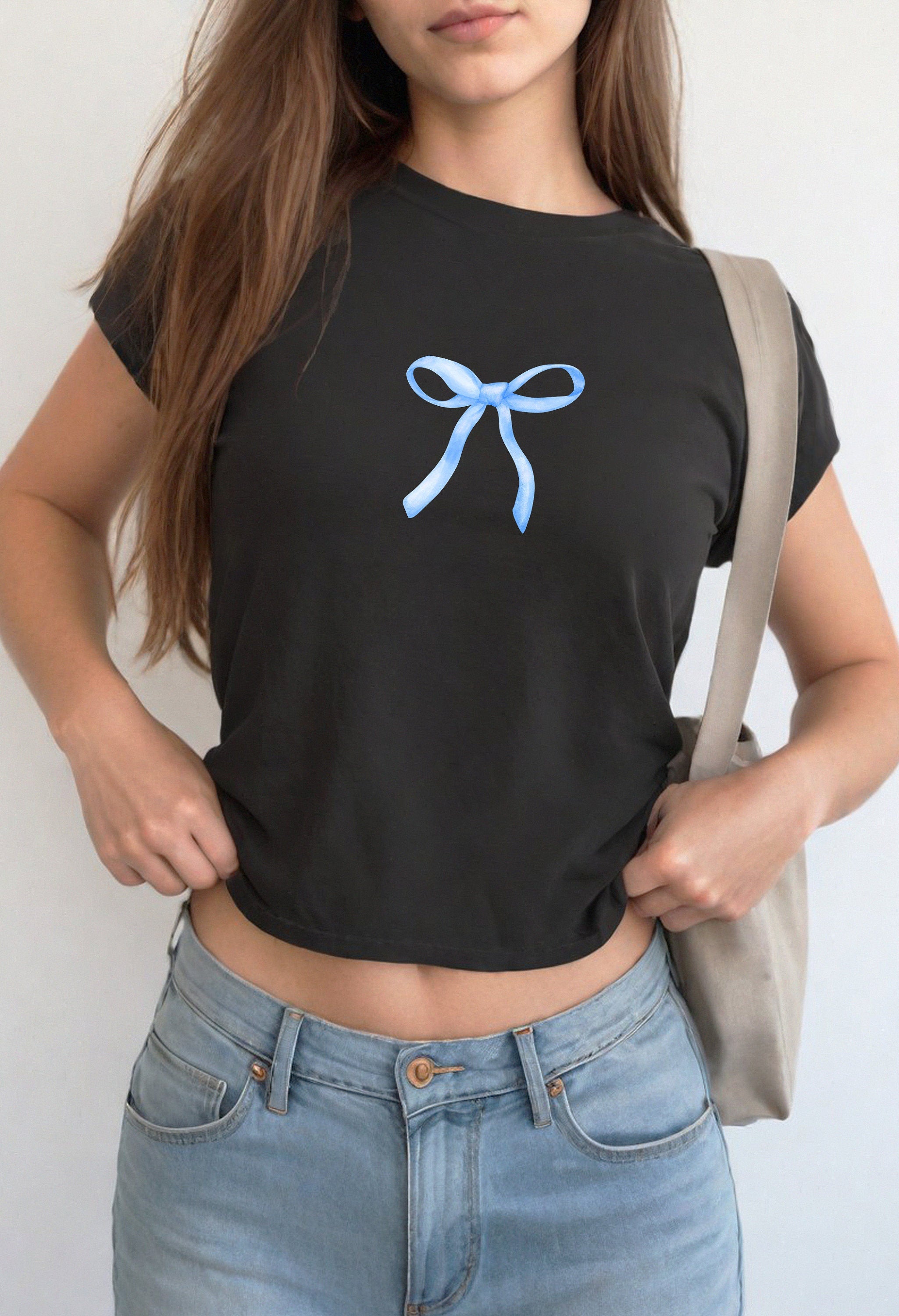 Blue Bow Baby Tee, Baby Tee, Cute Bow Graphic T, 90s TShirt, Coquette Bow Tee, Girly y2k baby tee, 90s baby tee, y2k, Crop