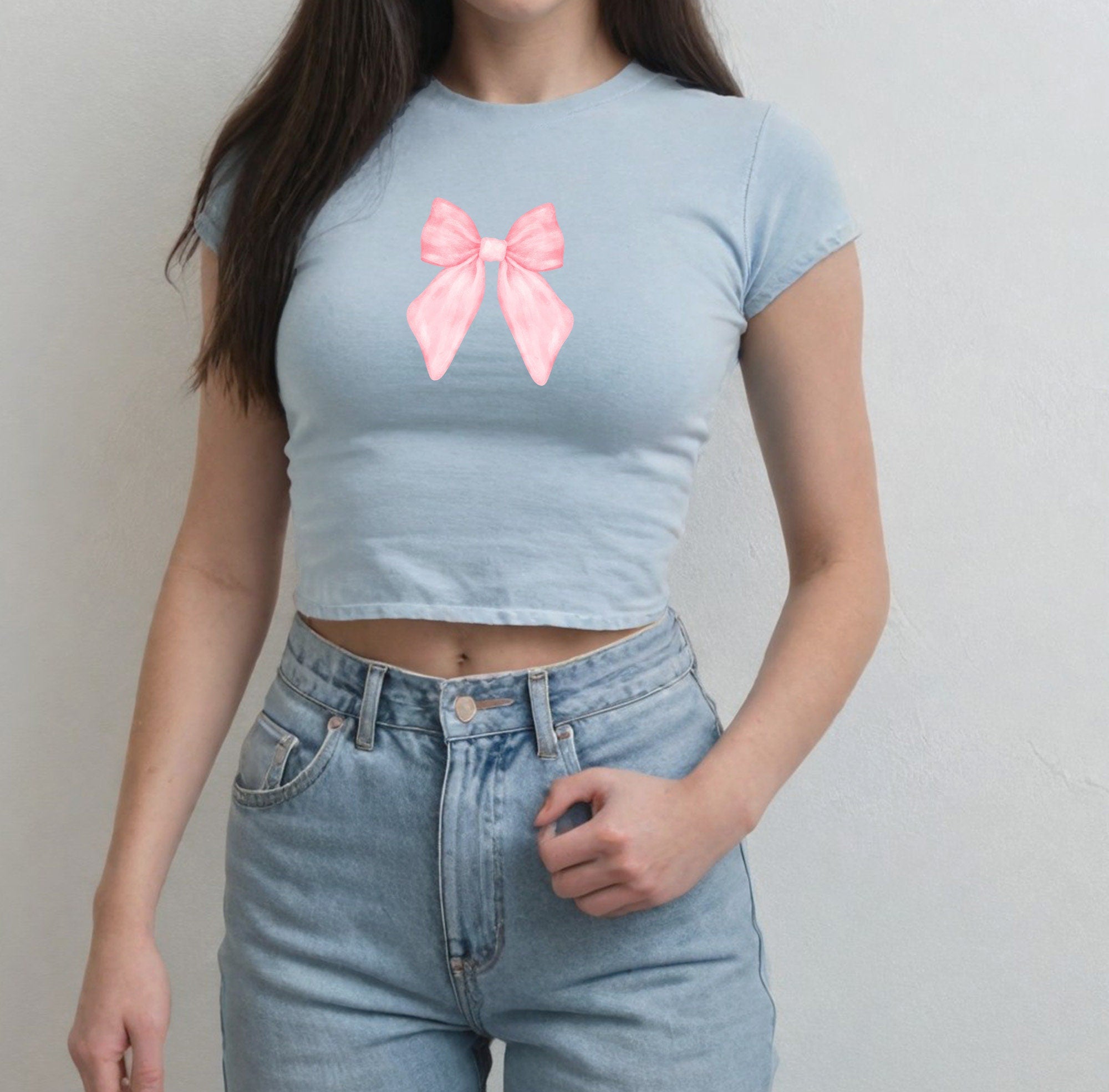 Cute Pink Bow Baby Tee Croquette Bow Graphic T, 90s T Shirt Girly pop y2k baby tee 90s baby tee y2k Crop