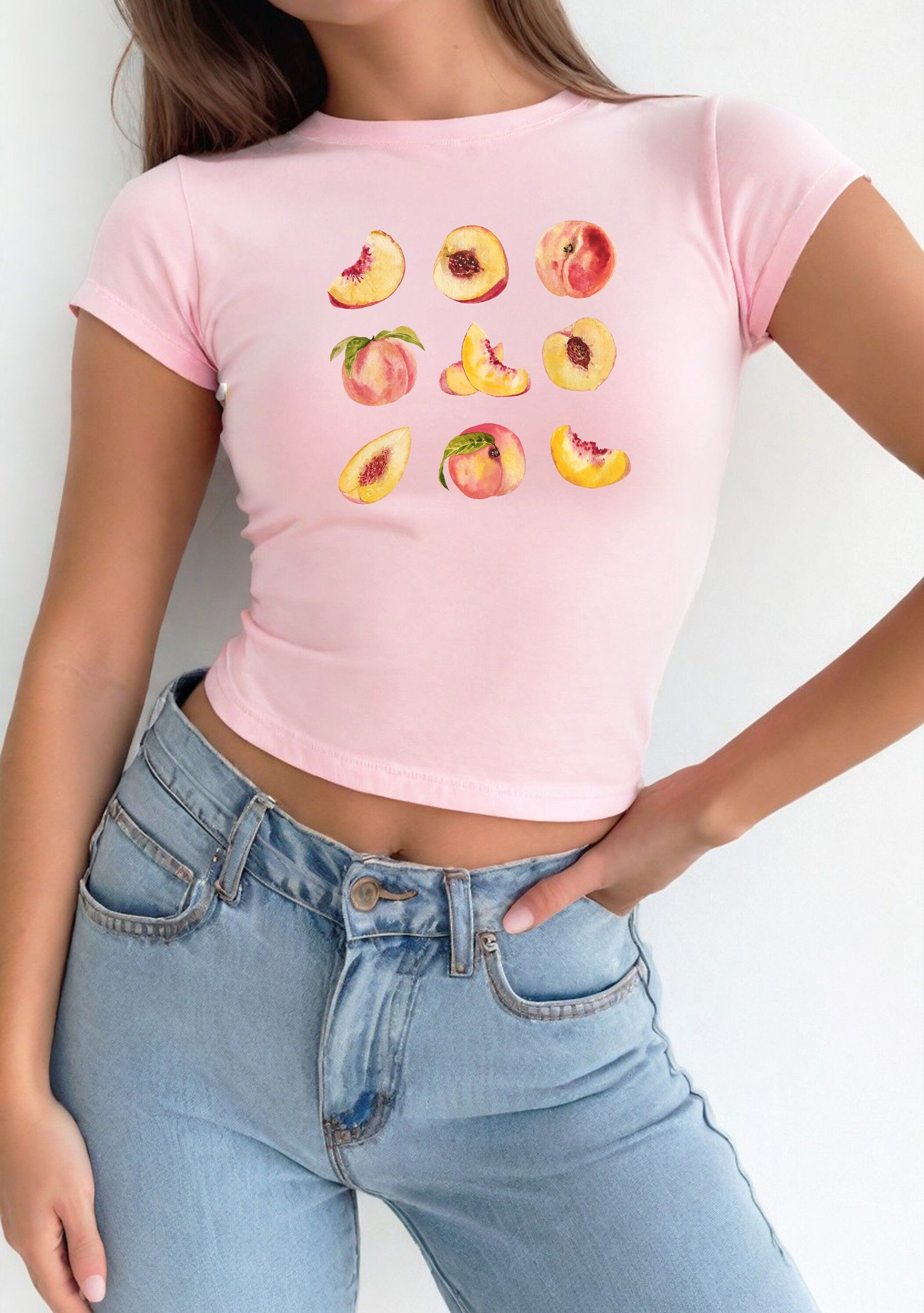 Peaches Baby Tee, Peach design Baby T, Cute Baby Tee, Fruit Graphic T,Pink Tee, y2k baby tee, 90s baby tee, y2k, Crop