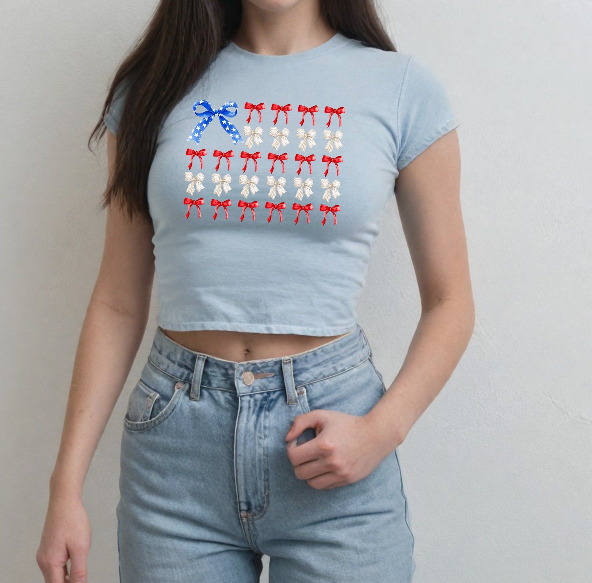 USA America Bow Flag 4th of July Baby Tee Fourth of July Bow Design July 4th Baby Tee Gildan 5000B T Shirt, Independence Day Cropped Shirt