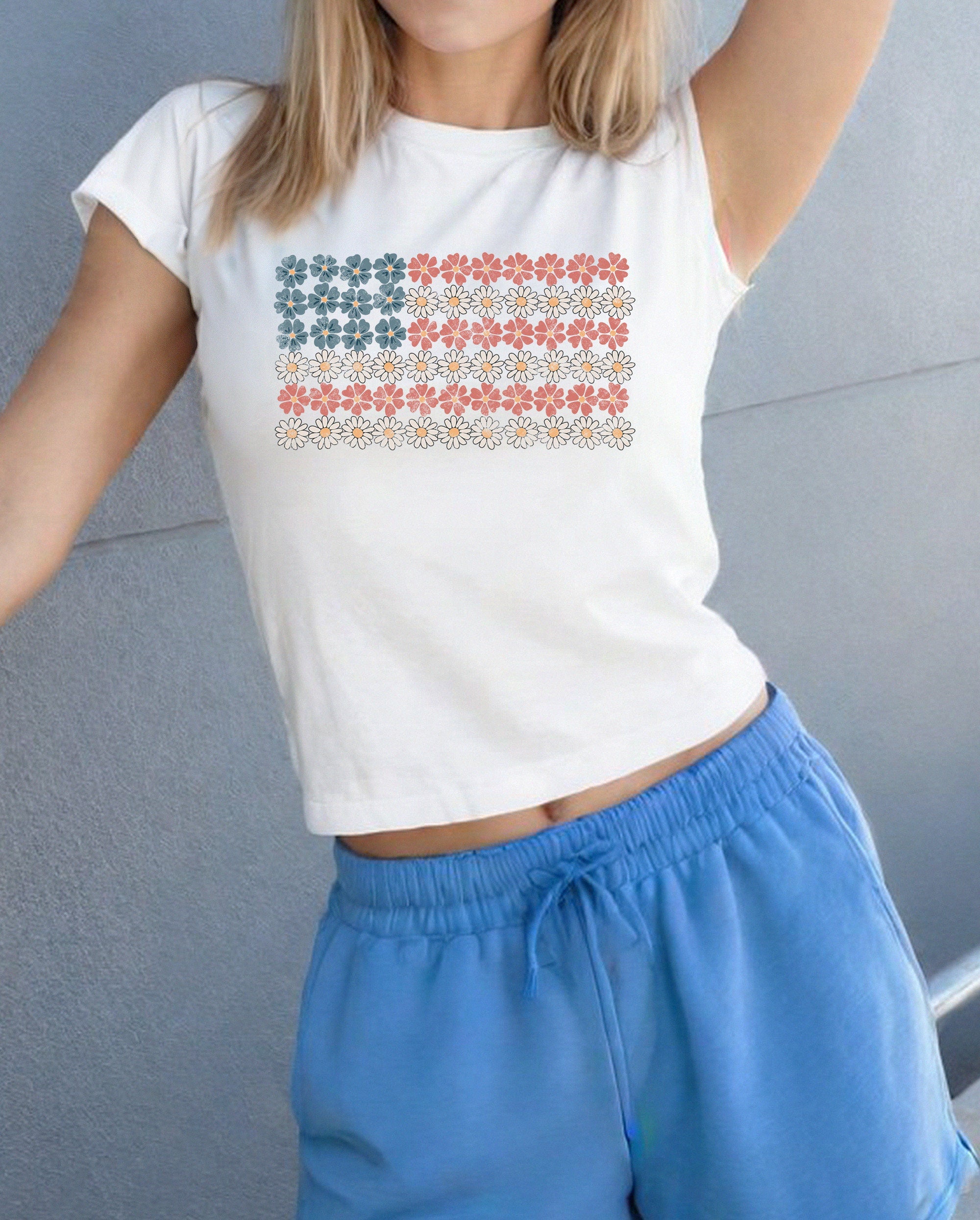 Retro USA Flower Flag 4th of July Baby Tee Fourth of July Bow Design July 4th Baby Tee Gildan 5000B T Shirt Independence Day Cropped Shirt