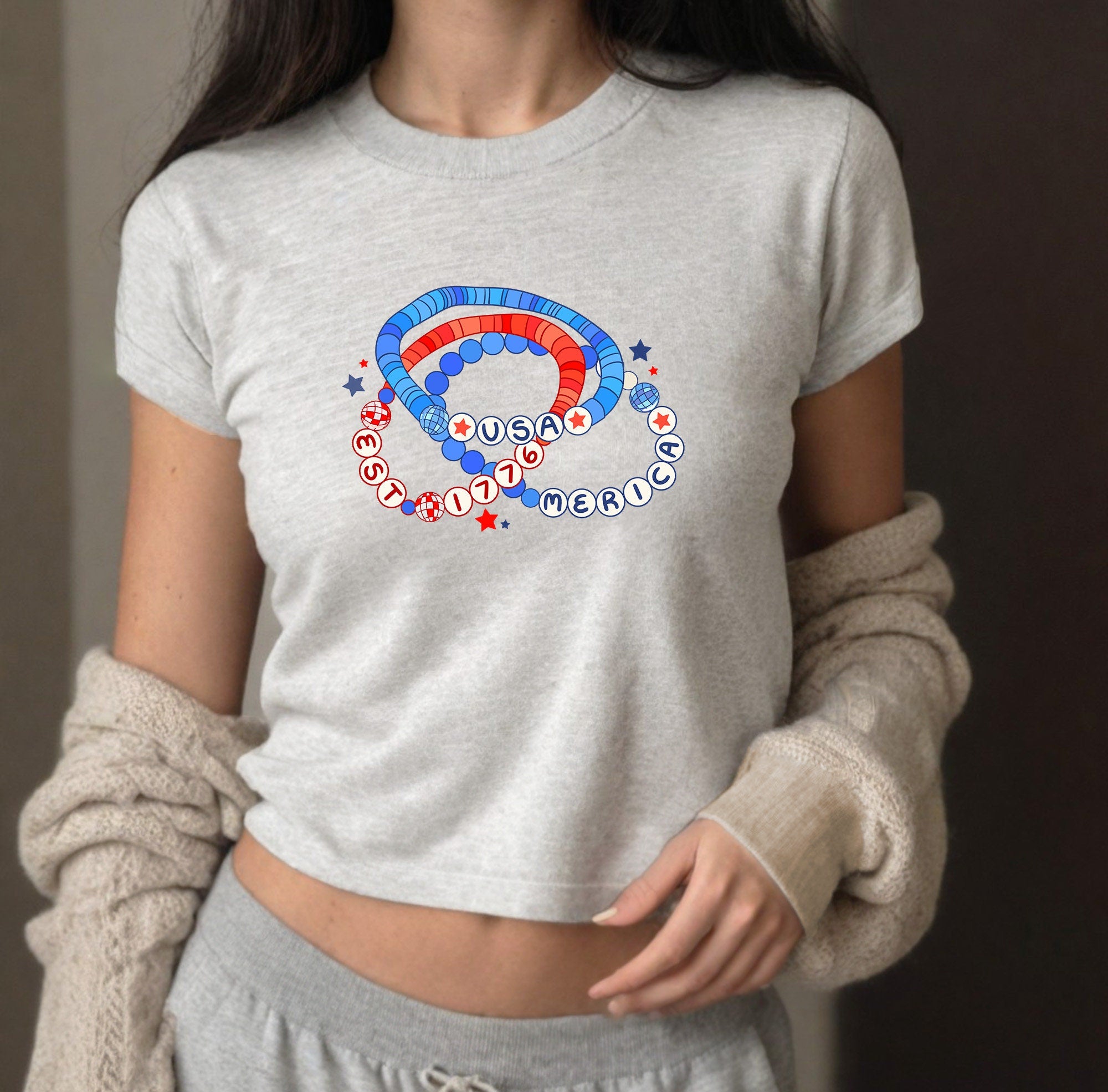 USA America Friendship Bracelet 4th of July Baby Tee Fourth of July July 4th Baby Tee Gildan 5000B T Shirt Independence Day Cropped Shirt