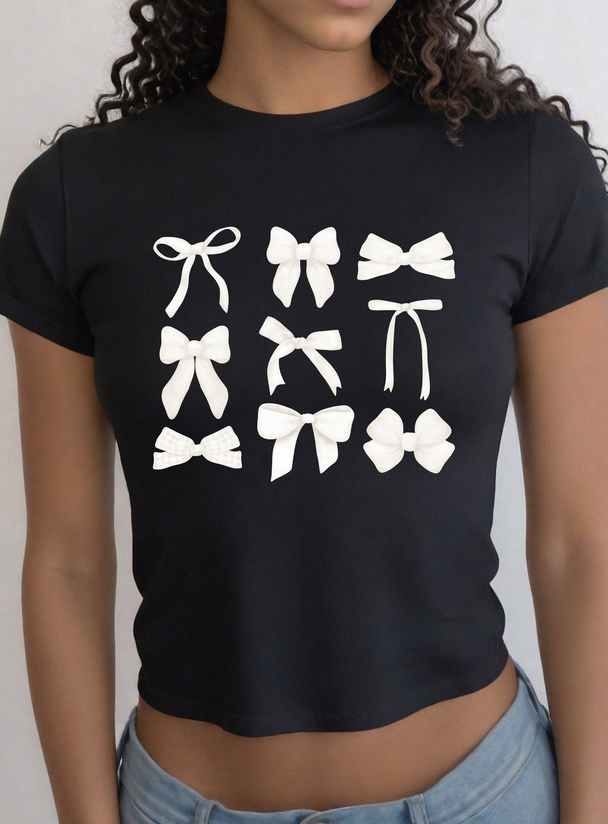 White Bows Baby Tee, Baby Tee, Cute Bow Graphic T, 90s TShirt, Bow Tee, Girly y2k baby tee, 90s baby tee, y2k, Cutesy Crop