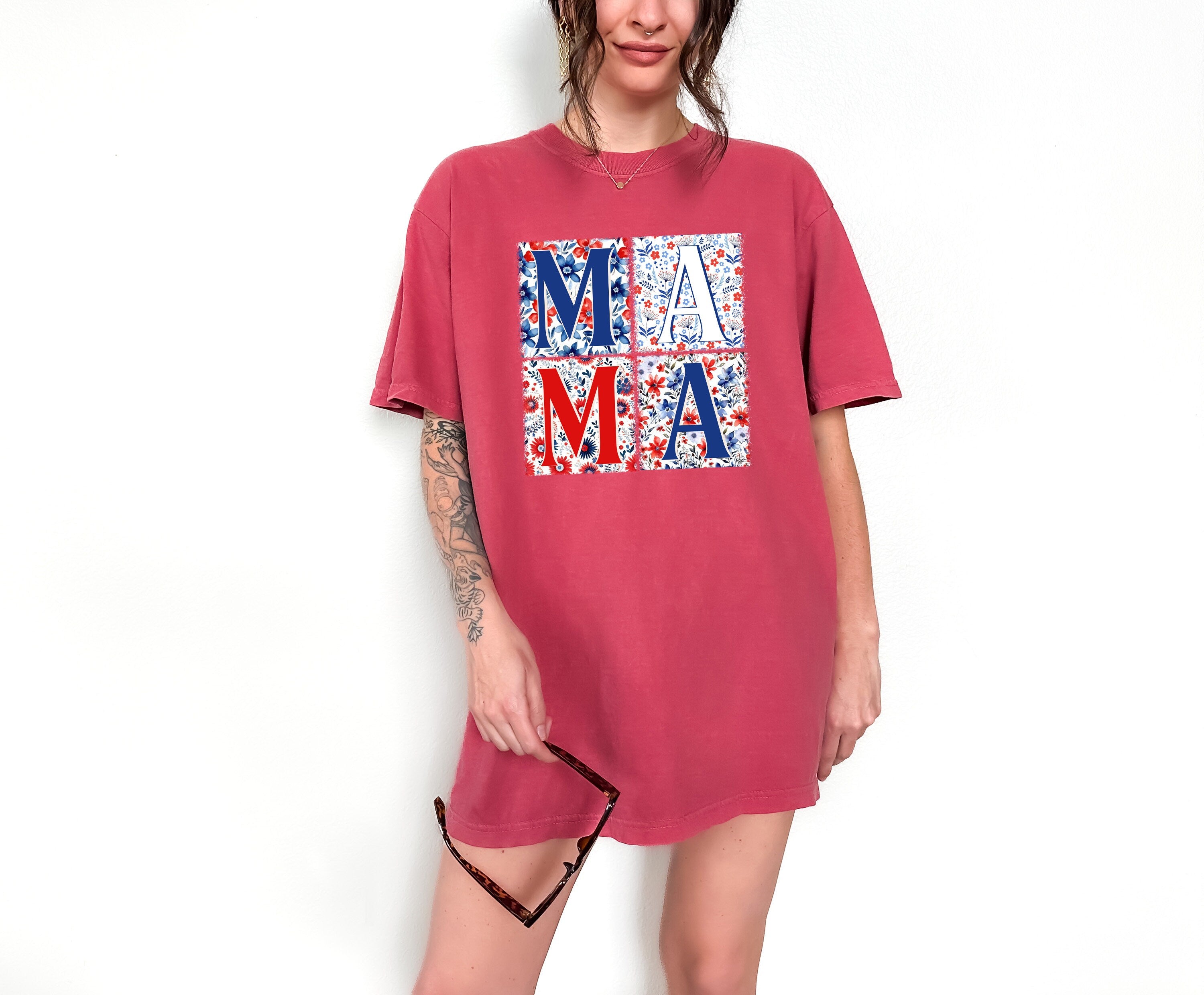 Floral MAMA 4th of July Comfort Colors Shirt Women's July Fourth shirt America Patriotic Shirt Independence Day Flower Design