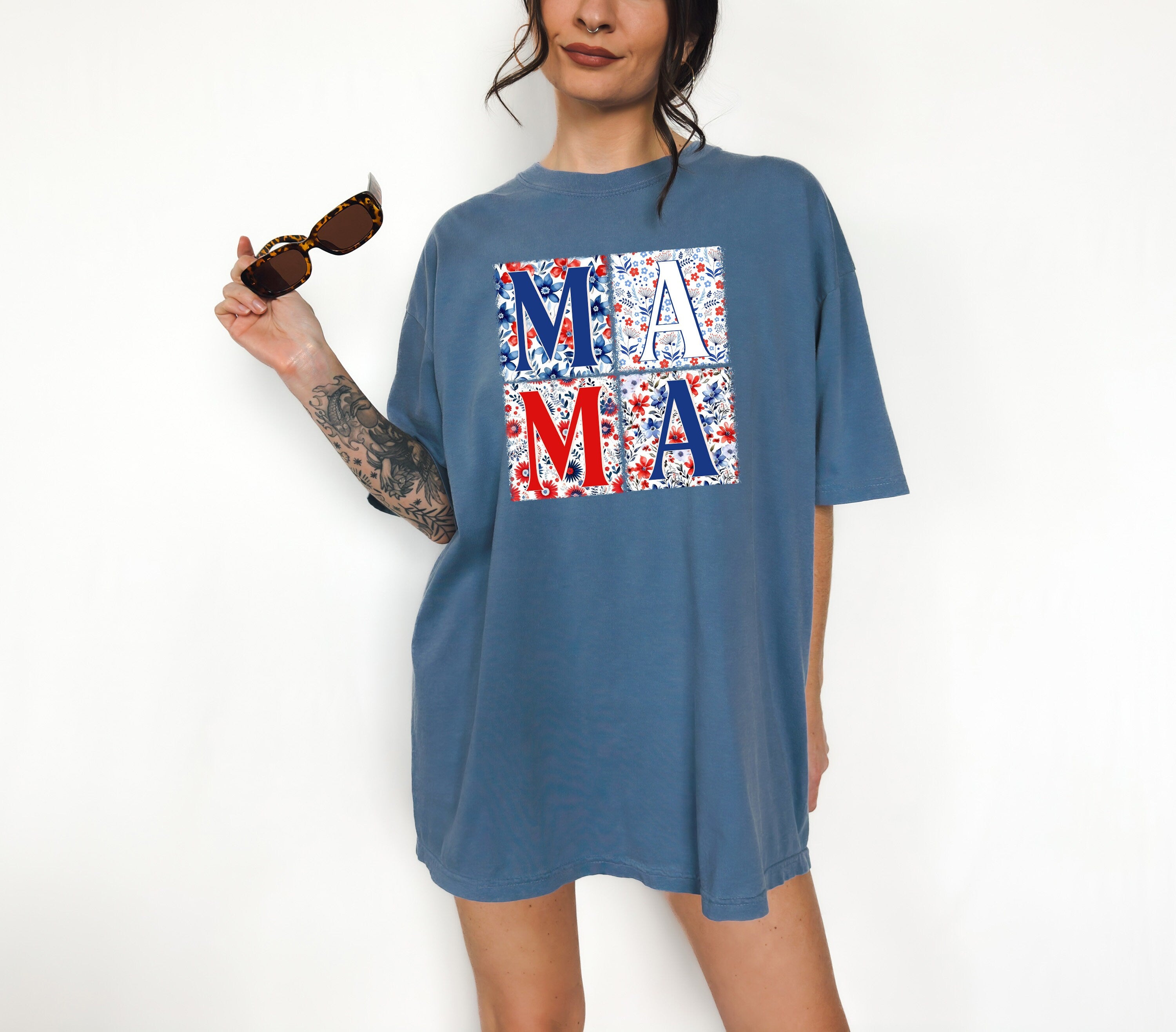 Floral MAMA 4th of July Comfort Colors Shirt Women's July Fourth shirt America Patriotic Shirt Independence Day Flower Design