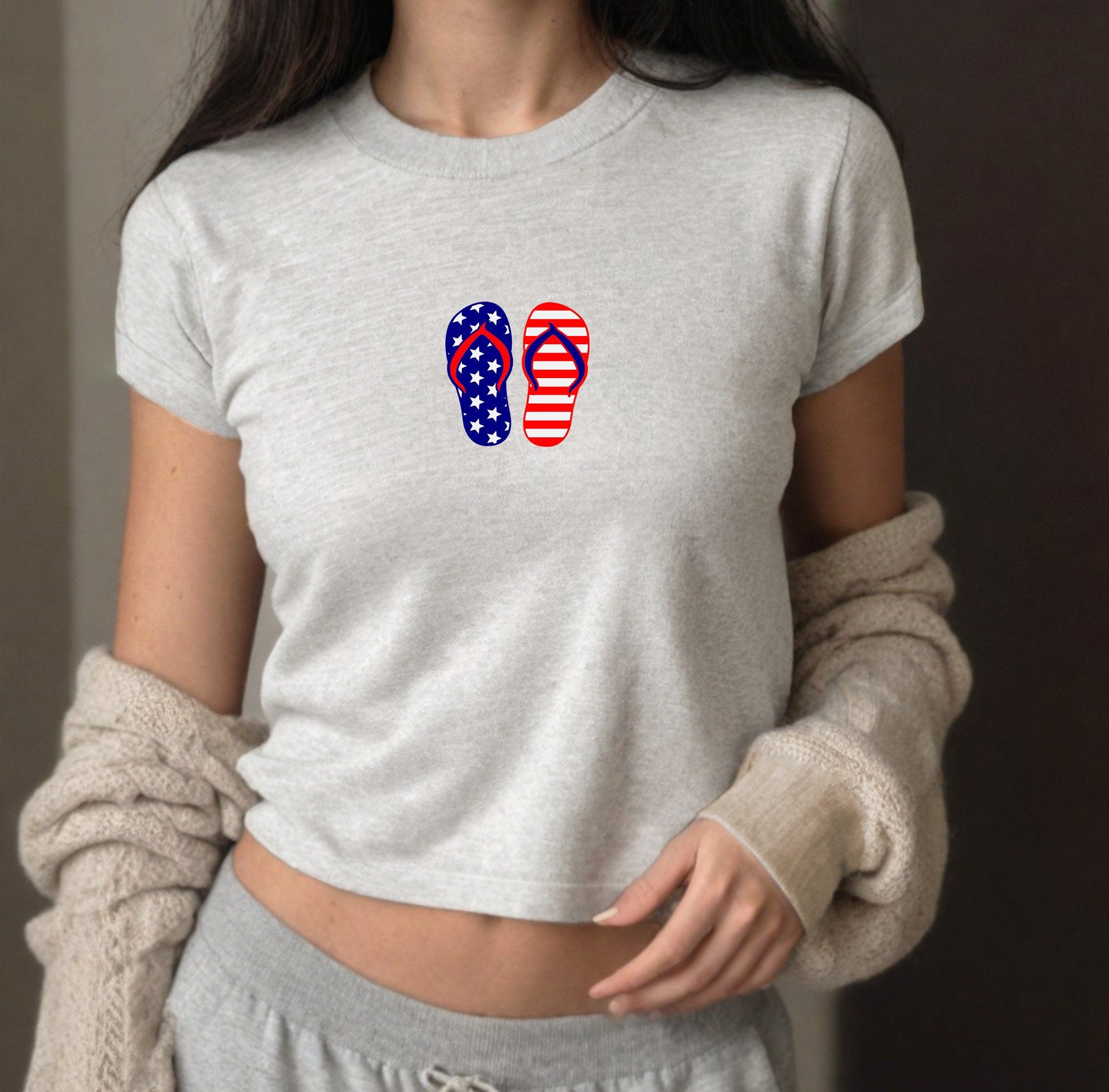 Red White and Blue Flip Flops 4th of July Baby Tee Fourth of July Design Cute 4th Baby Tee Gildan 5000B T Shirt Independence Day Cropped T