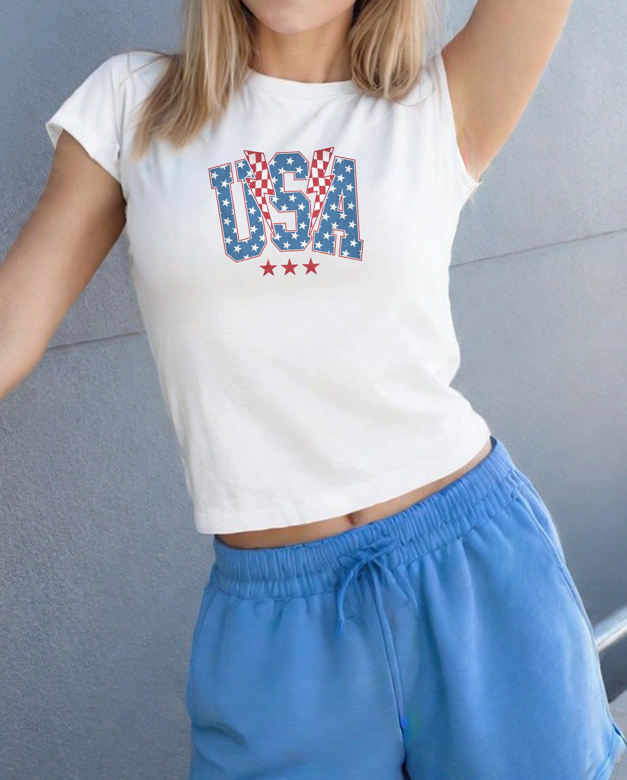 Checkered USA 4th of July Baby Tee, Fourth of July Design, Cute July 4th Baby Tee, Gildan 5000B T Shirt, Independence Day Cropped Shirt