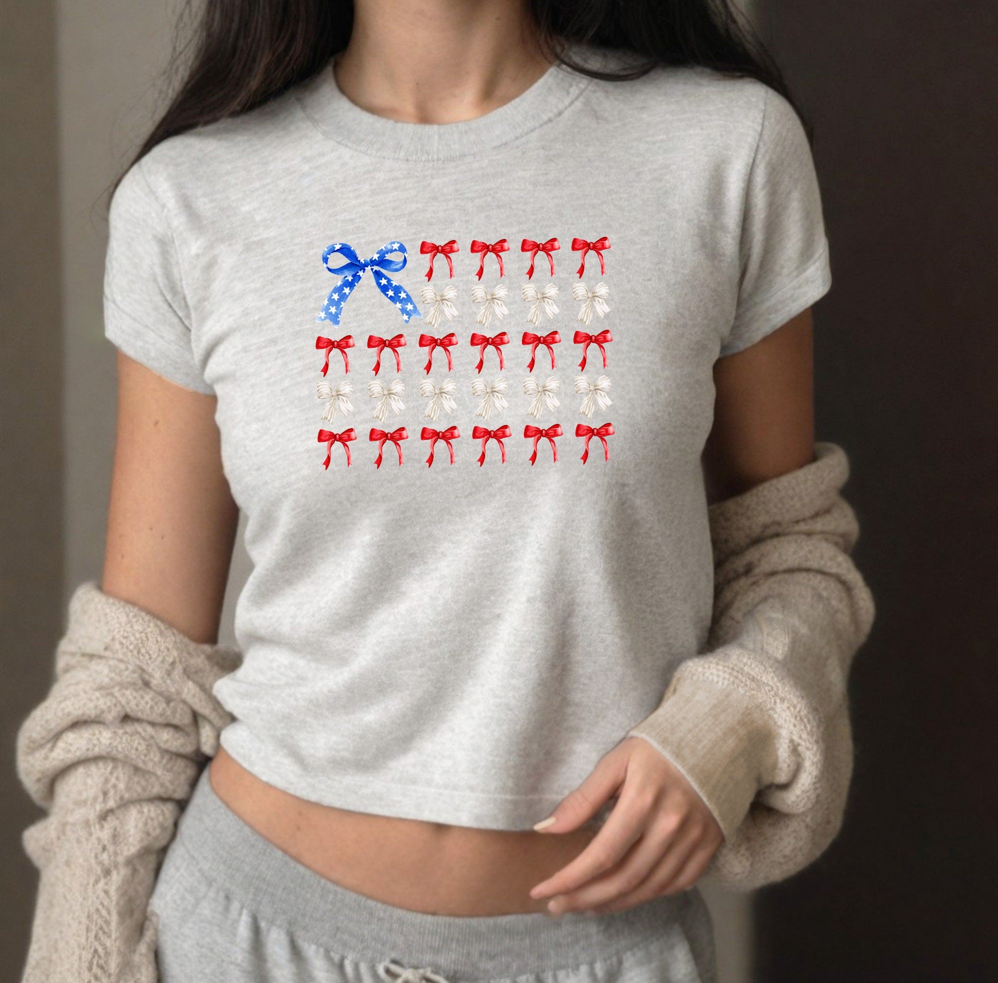 USA America Bow Flag 4th of July Baby Tee Fourth of July Bow Design July 4th Baby Tee Gildan 5000B T Shirt, Independence Day Cropped Shirt