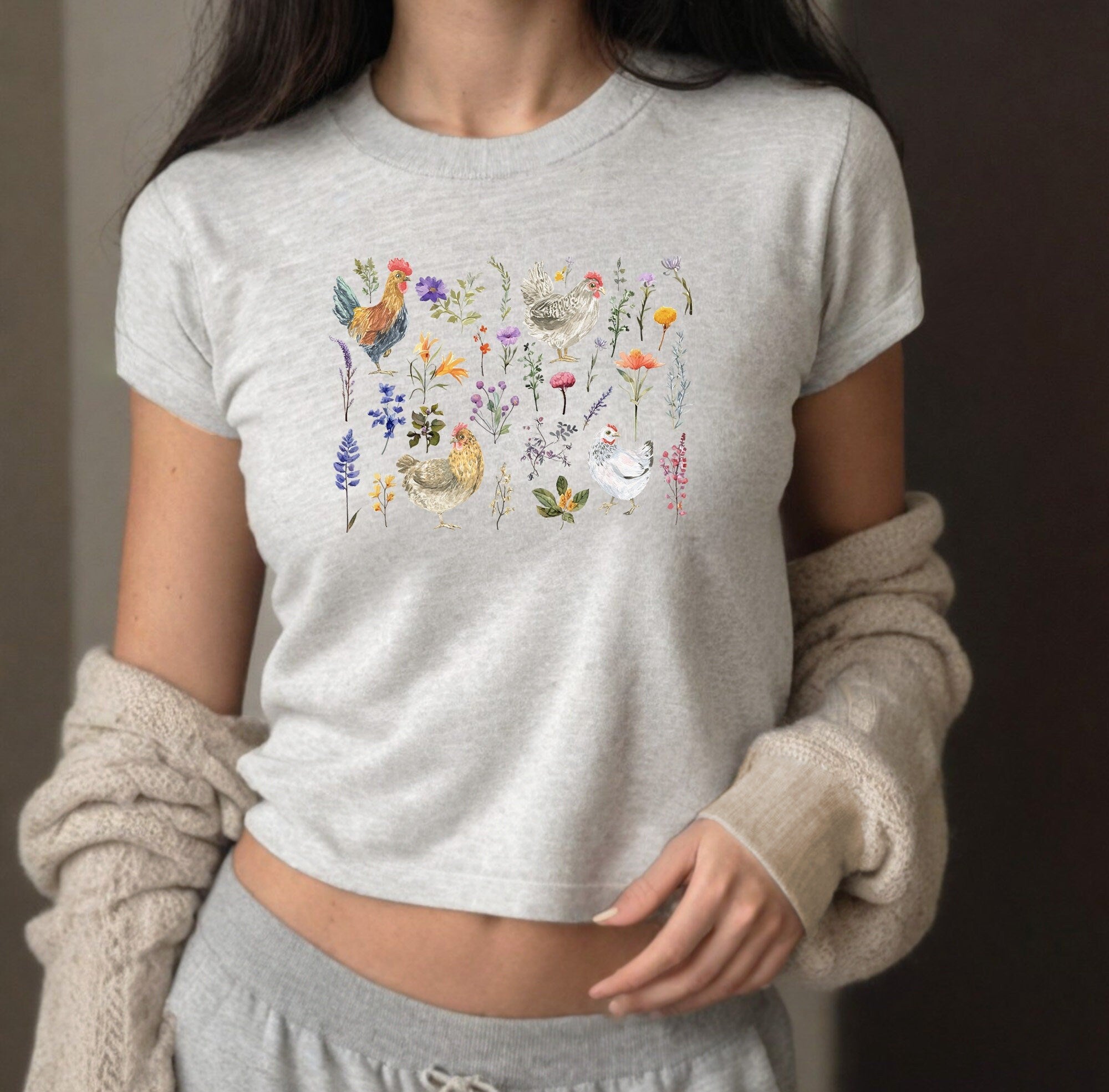 Floral Baby Tee, Chicken Baby T, Retro Cute Bow Graphic T, 90s TShirt, Pink Bow Tee Girly y2k baby tee 90s baby tee y2k Crop