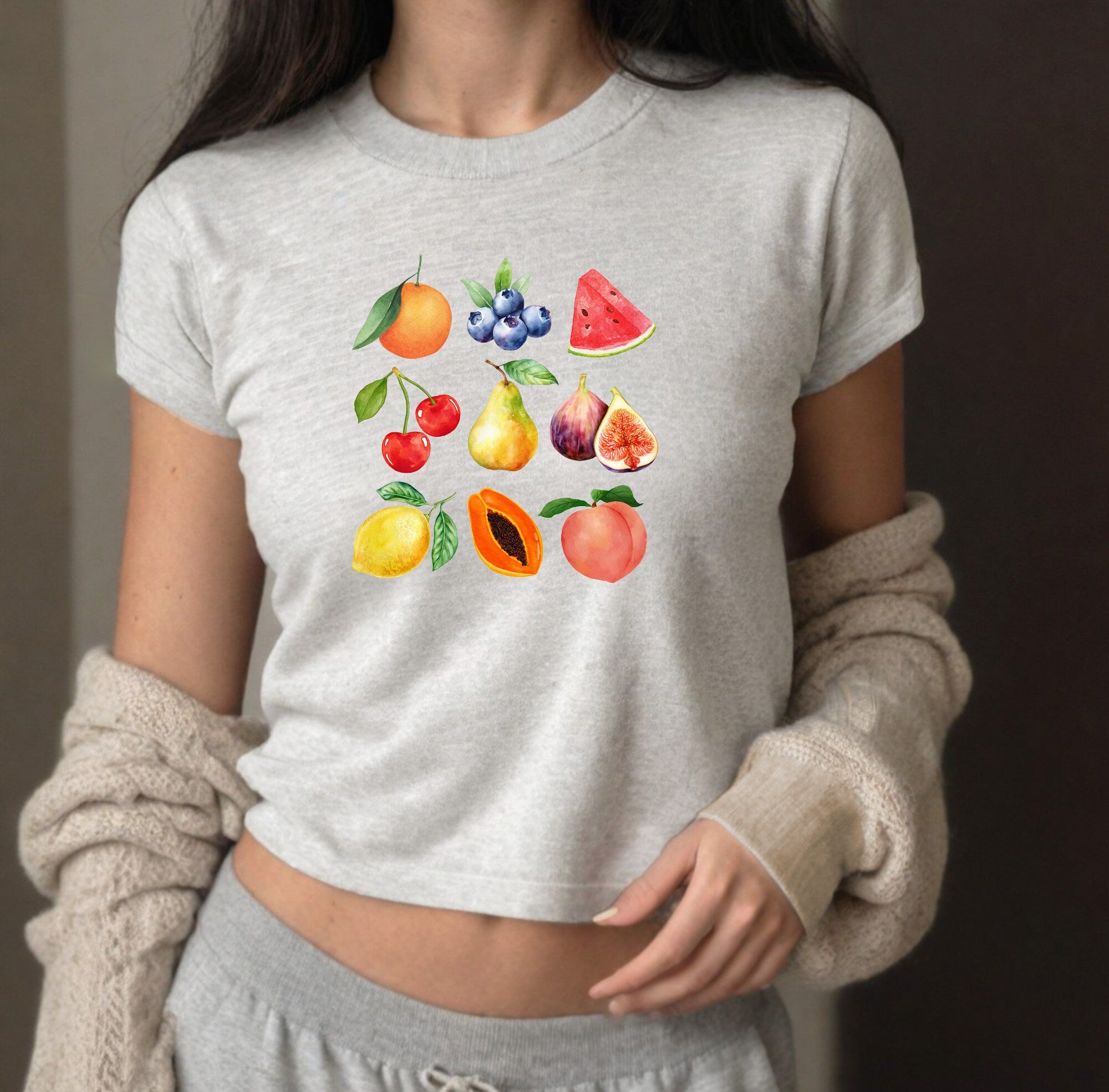 Watercolor Fruit Collage Baby Tee, Cherries Baby T, Cute Baby Tee, Crop T Shirt, Match Tee, y2k baby tee, 90s baby tee, y2k, Crop