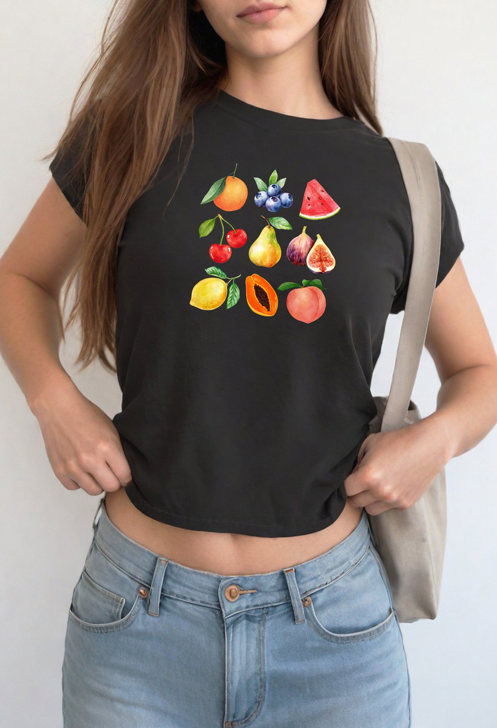 Watercolor Fruit Collage Baby Tee, Cherries Baby T, Cute Baby Tee, Crop T Shirt, Match Tee, y2k baby tee, 90s baby tee, y2k, Crop