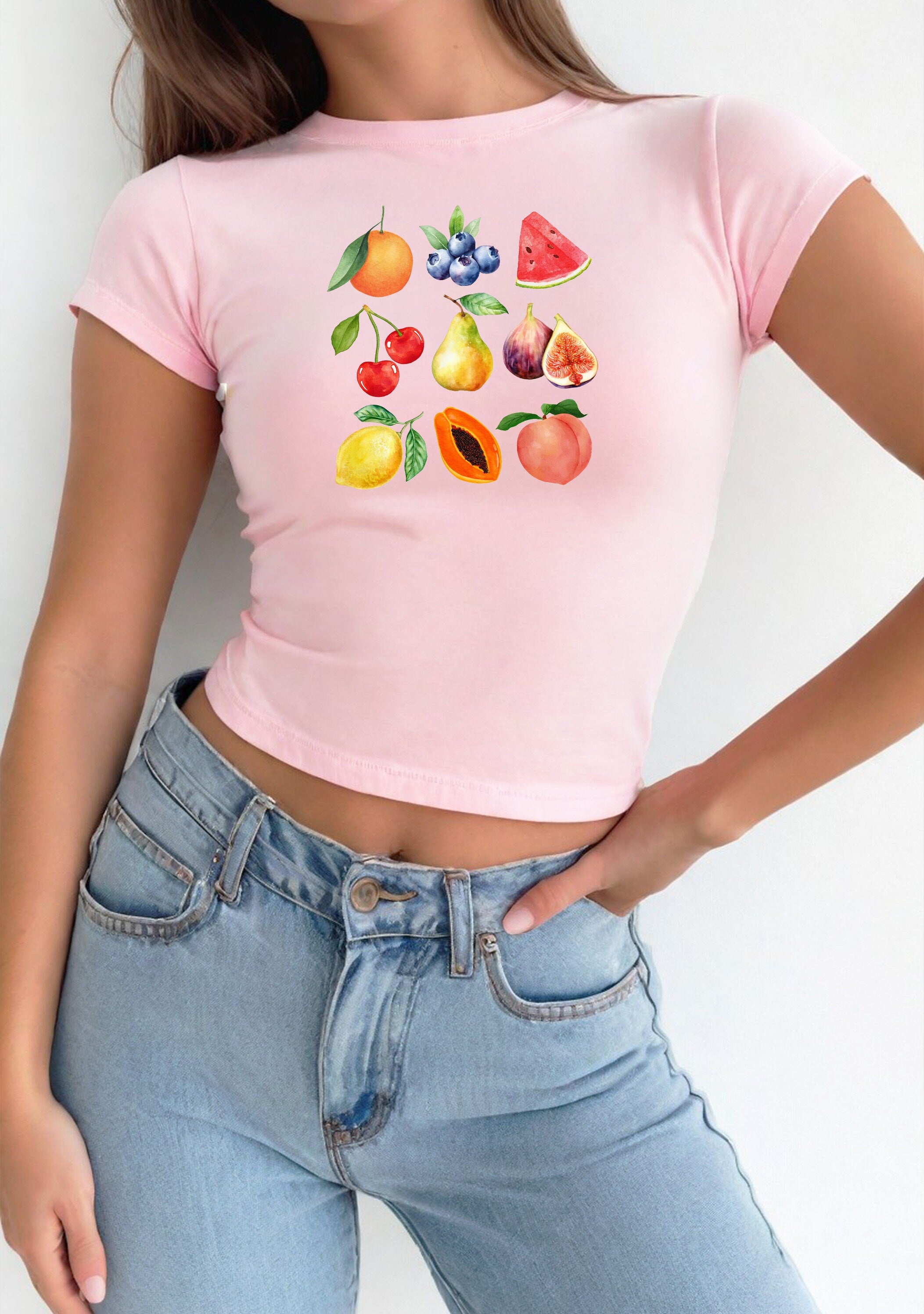 Watercolor Fruit Collage Baby Tee, Cherries Baby T, Cute Baby Tee, Crop T Shirt, Match Tee, y2k baby tee, 90s baby tee, y2k, Crop