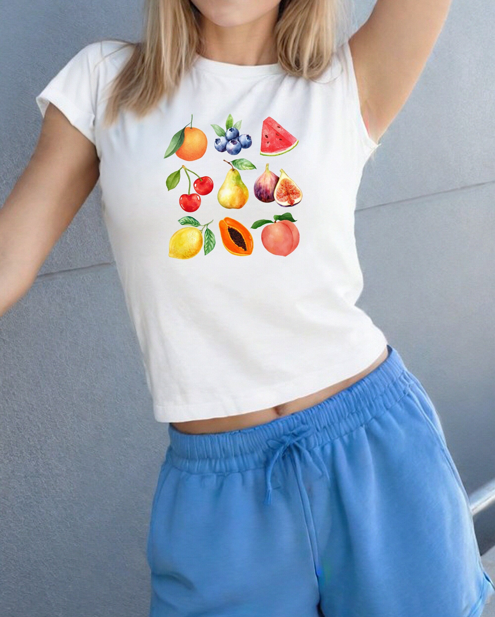 Watercolor Fruit Collage Baby Tee, Cherries Baby T, Cute Baby Tee, Crop T Shirt, Match Tee, y2k baby tee, 90s baby tee, y2k, Crop