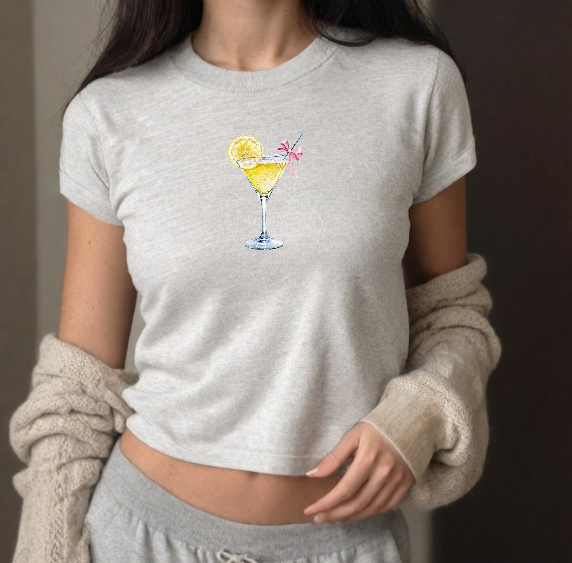 Lemon Drop Martini Pink Bow Baby Tee, Trendy Baby Tee, Cute Bow Graphic T, 90s TShirt, Pink Bow Tee Girly y2k baby tee 90s baby tee y2k Crop