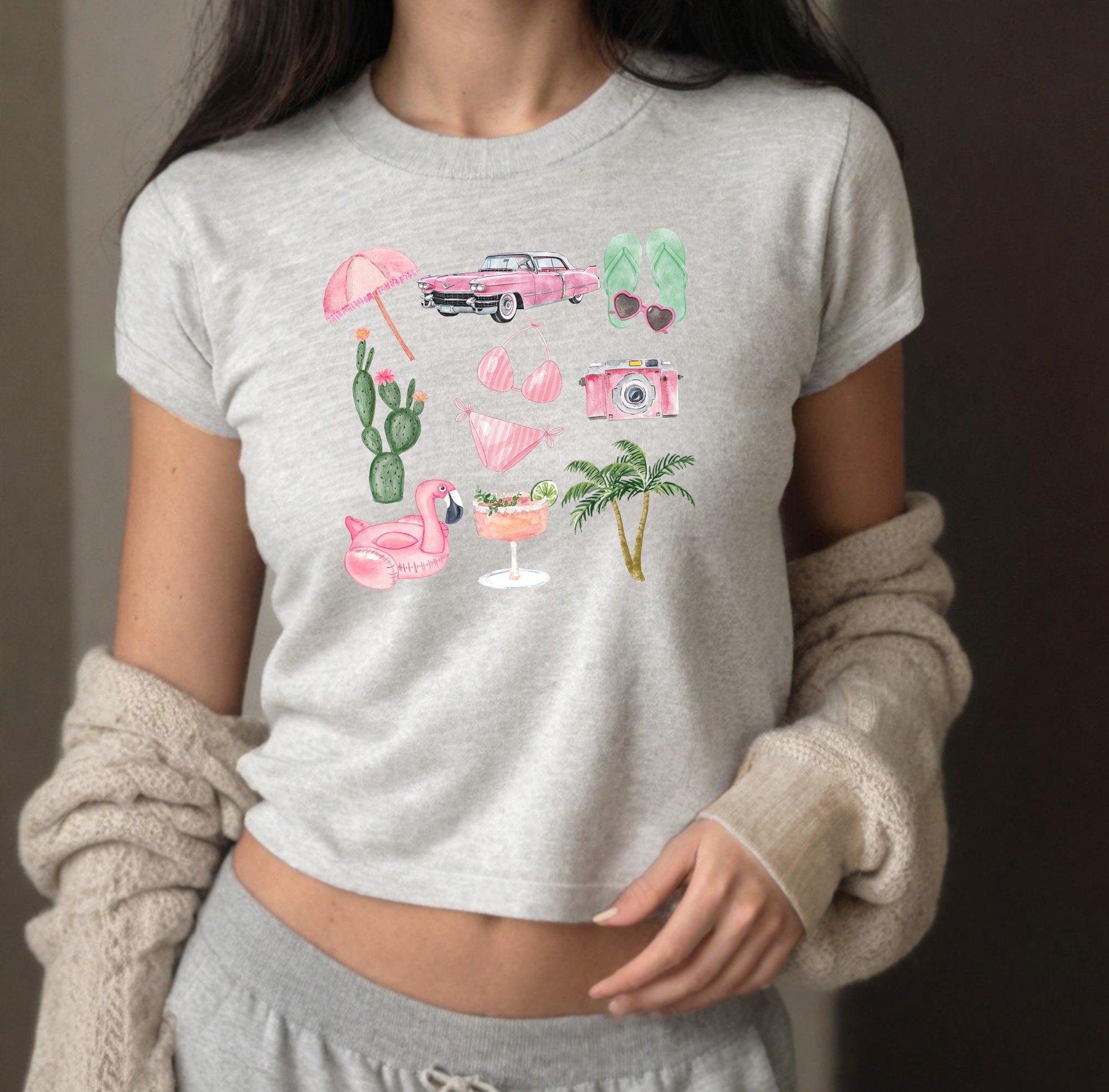 Retro Summer Collage Baby Tee , Pink, Palm Trees Baby Tee, Cute Baby, Graphic Tee, y2k baby tee, 90s baby tee, y2k, Crop