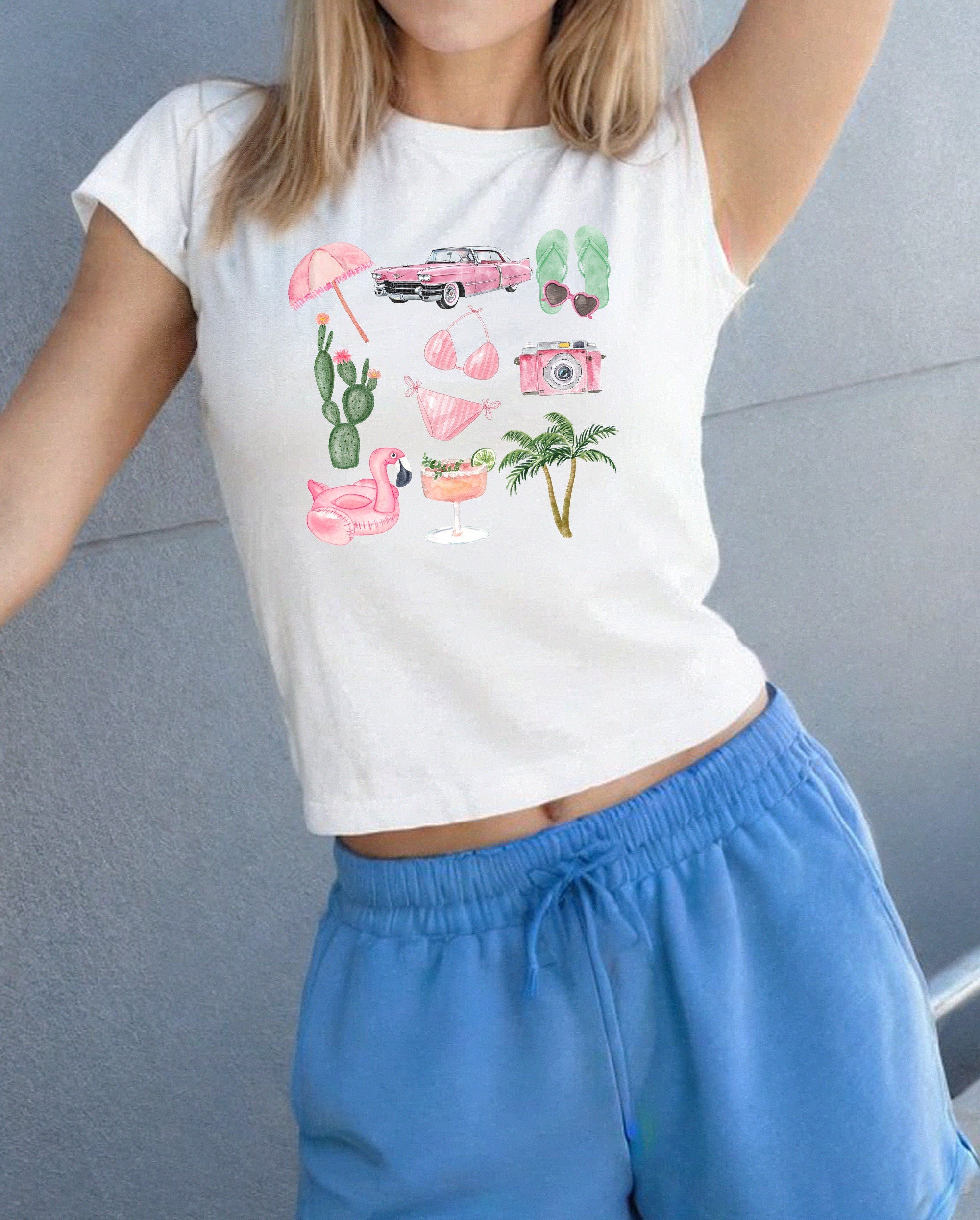 Retro Summer Collage Baby Tee , Pink, Palm Trees Baby Tee, Cute Baby, Graphic Tee, y2k baby tee, 90s baby tee, y2k, Crop