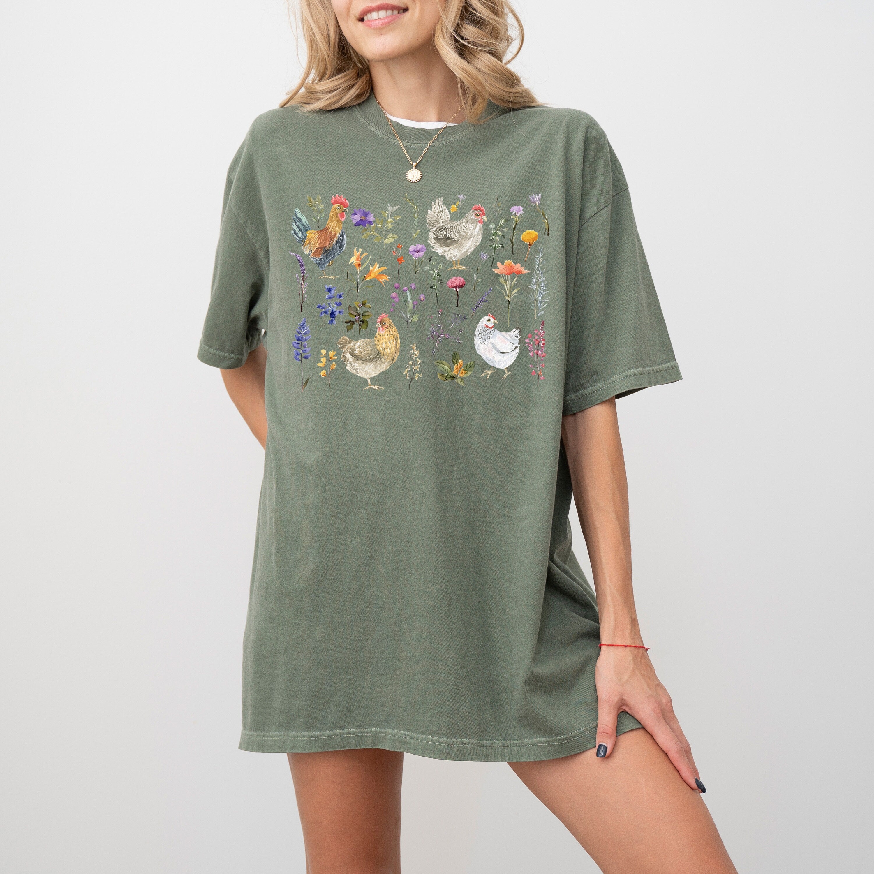 Cute Floral Chicken Comfort Colors Shirt, Summer Vibes, Farm Life Vintage Shirt Retro Graphic T Shirt, Wild Flowers