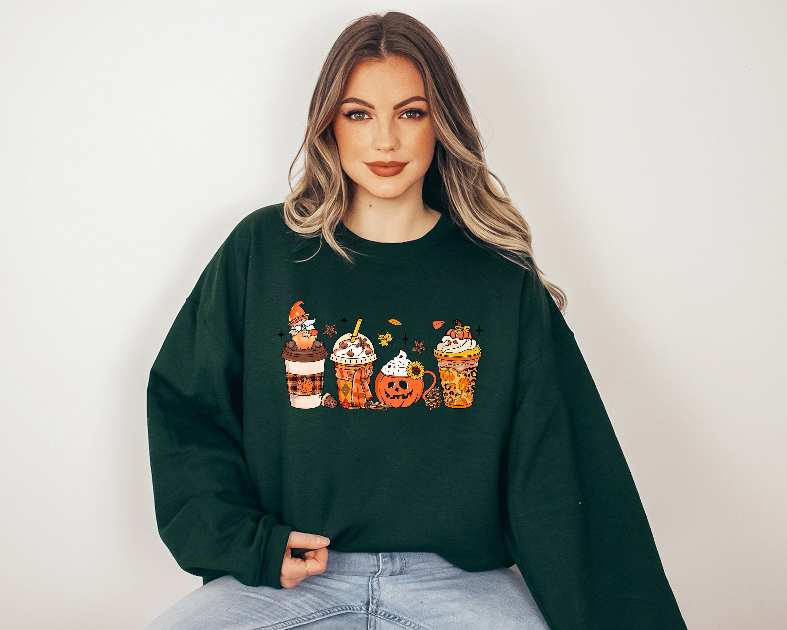 Halloween Coffee Sweatshirt, Fall Design, Cute Vintage Halloween Crew Neck, Halloween Pumpkin Sweater, Autumn Sweater, Coffee Lover,