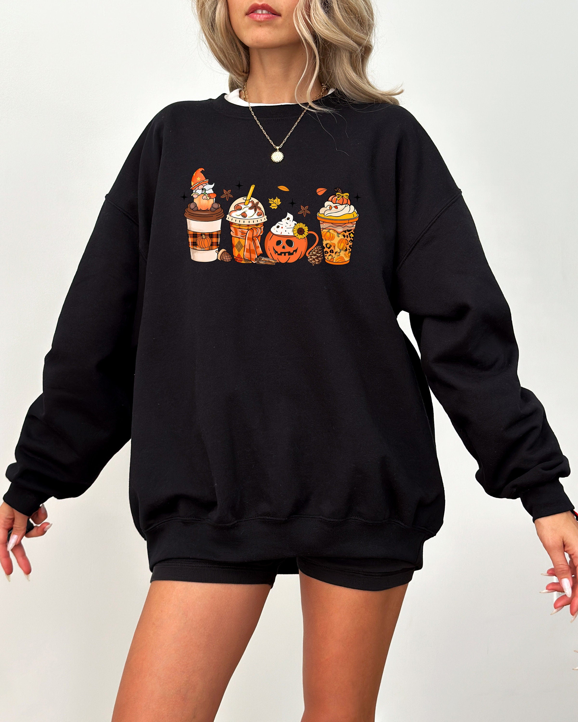 Halloween Coffee Sweatshirt, Fall Design, Cute Vintage Halloween Crew Neck, Halloween Pumpkin Sweater, Autumn Sweater, Coffee Lover,