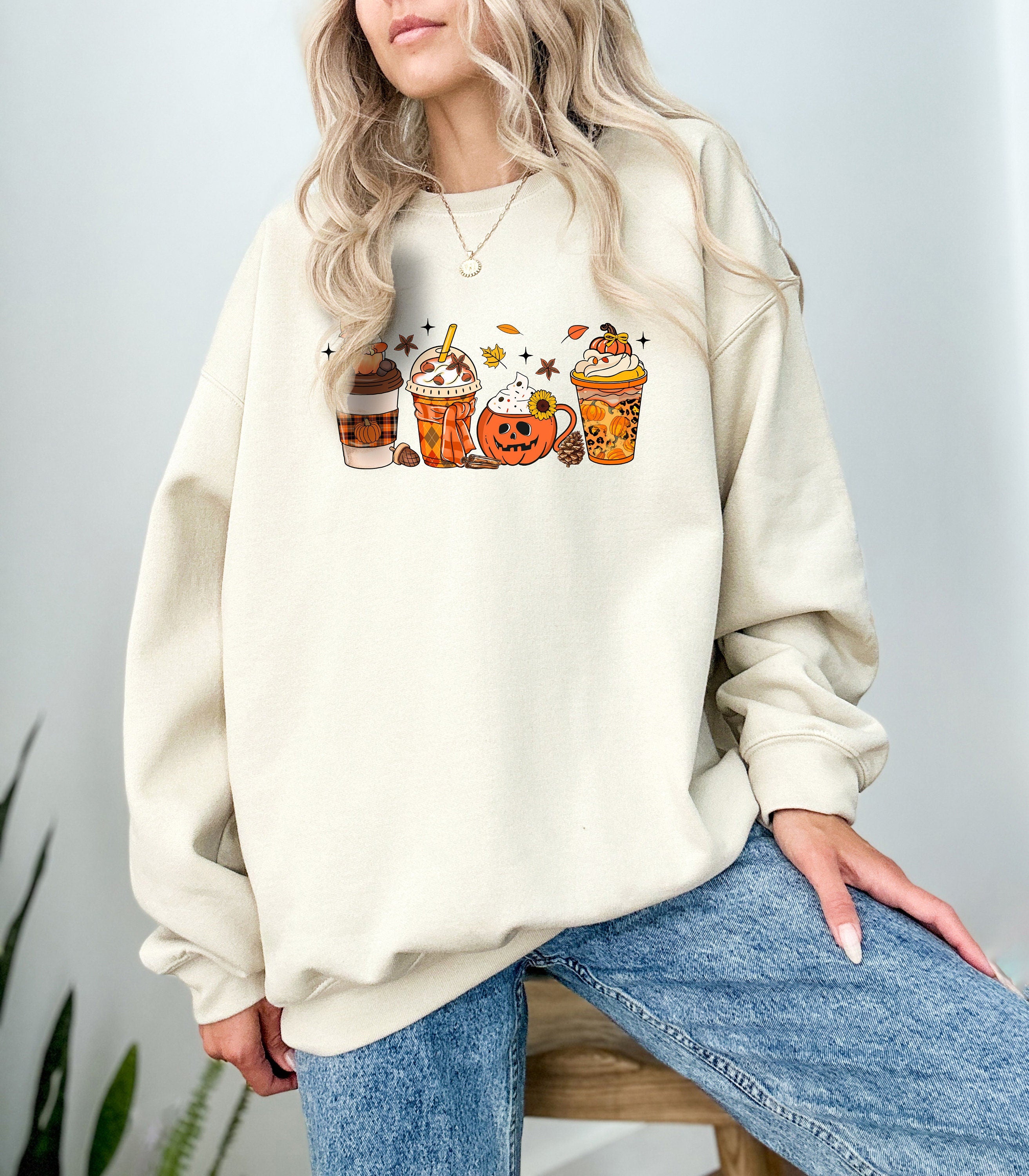 Halloween Coffee Sweatshirt, Fall Design, Cute Vintage Halloween Crew Neck, Halloween Pumpkin Sweater, Autumn Sweater, Coffee Lover,