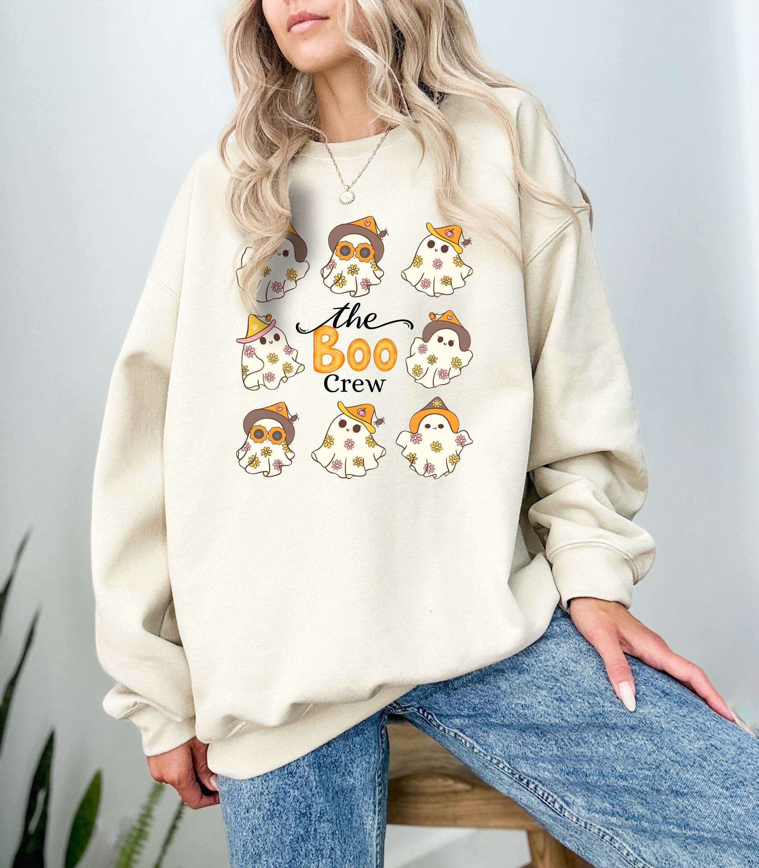 The Boo Crew Halloween Sweatshirt, Cute Ghost Collage, Fall Design, Vintage Halloween Crew Neck, Cowboy Ghosts Sweater, Autumn Sweater,