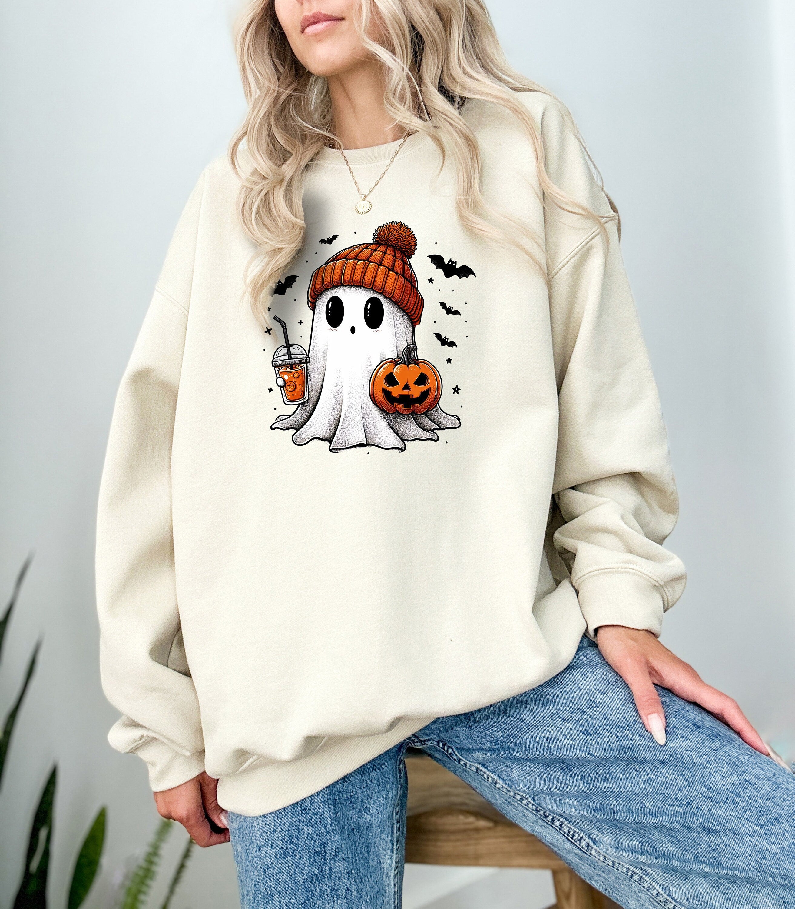 Cute Halloween Ghost Sweatshirt, Ghost With Beanie, Fall Design, Vintage Halloween Crew Neck, Iced Coffee Lover Sweater, Autumn Sweater,