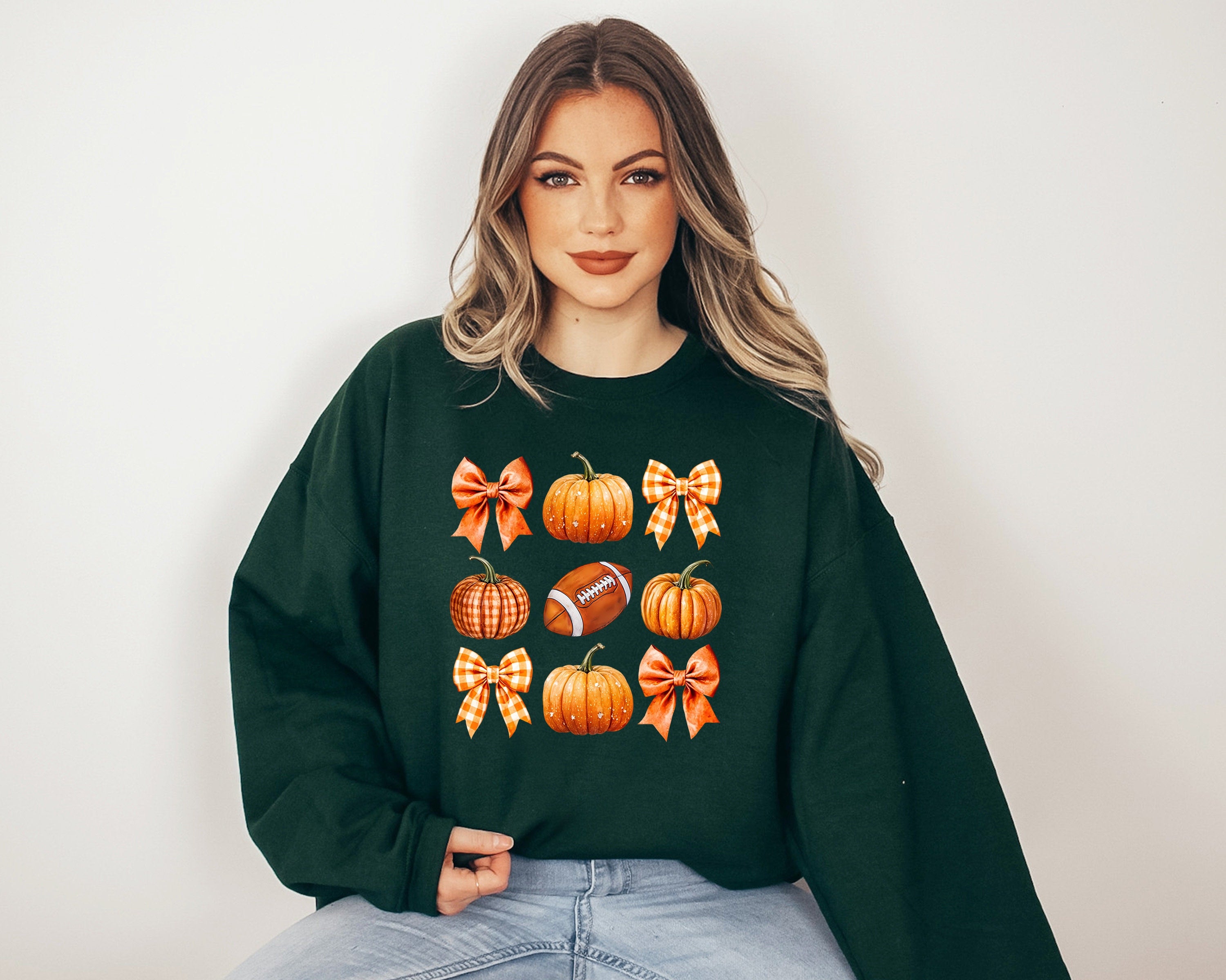 Fall Bows Pumpkin and Football Sweatshirt, Fall Design, Vintage Unisex Halloween Crew Neck, Autumn Sweater, Plaid Bow Sweatshirt, 2024