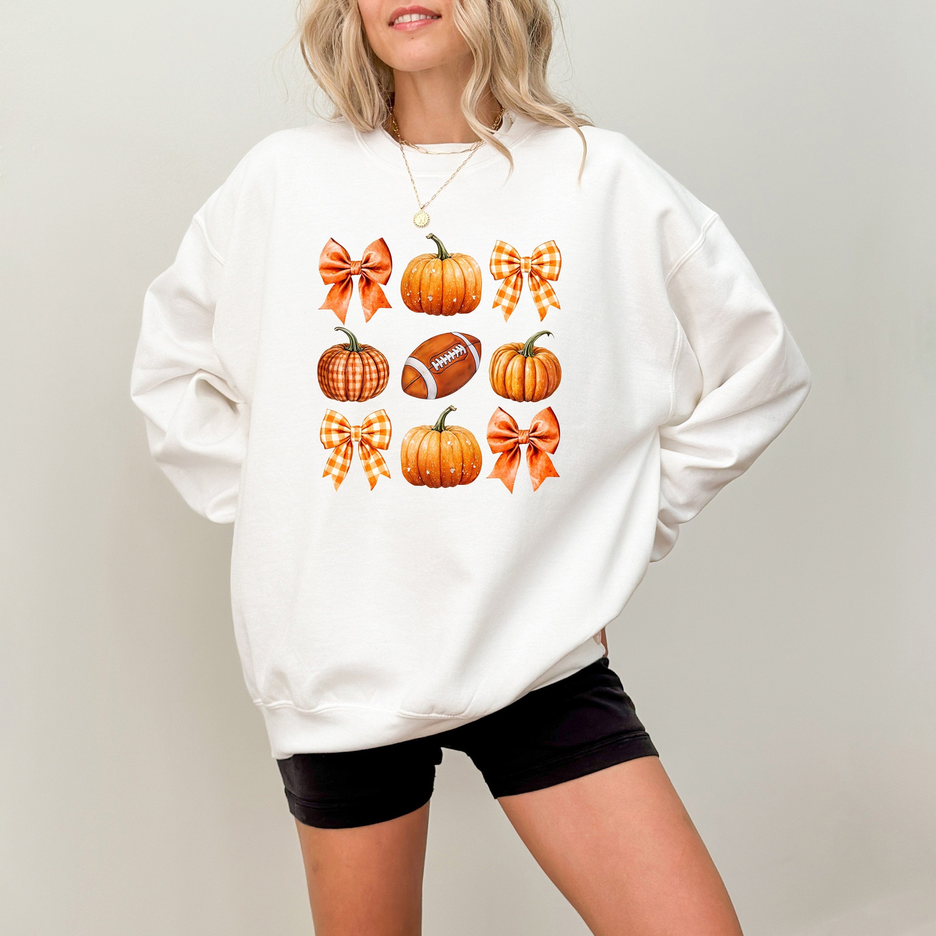 Pumpkin Bows and Football White Crewneck, Fall Design