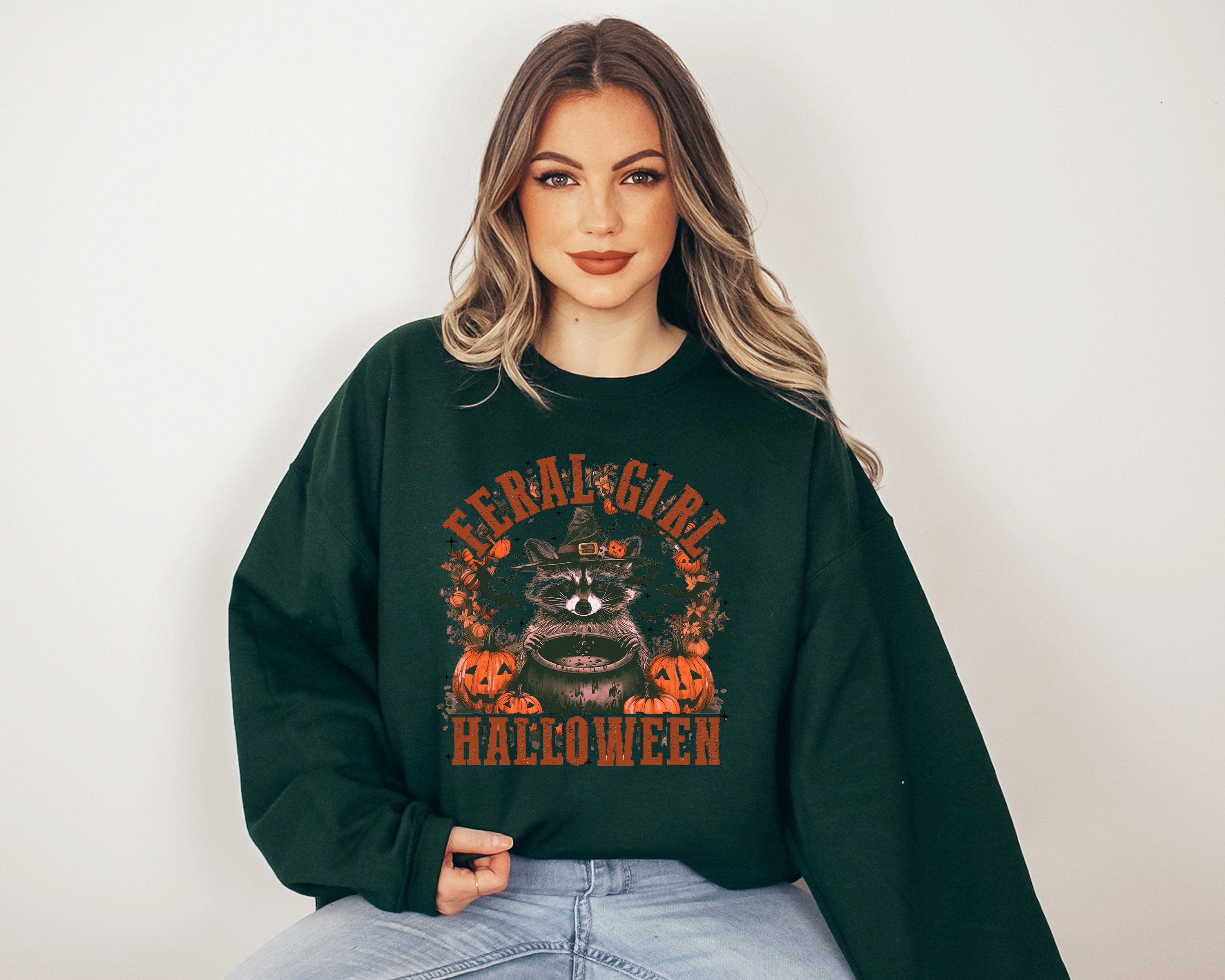 Feral Girl Halloween Crewneck Sweatshirt, Fall Design, Cute Halloween Raccoon Design, Autumn Sweater, Spooky Season Sweatshirt, 2024