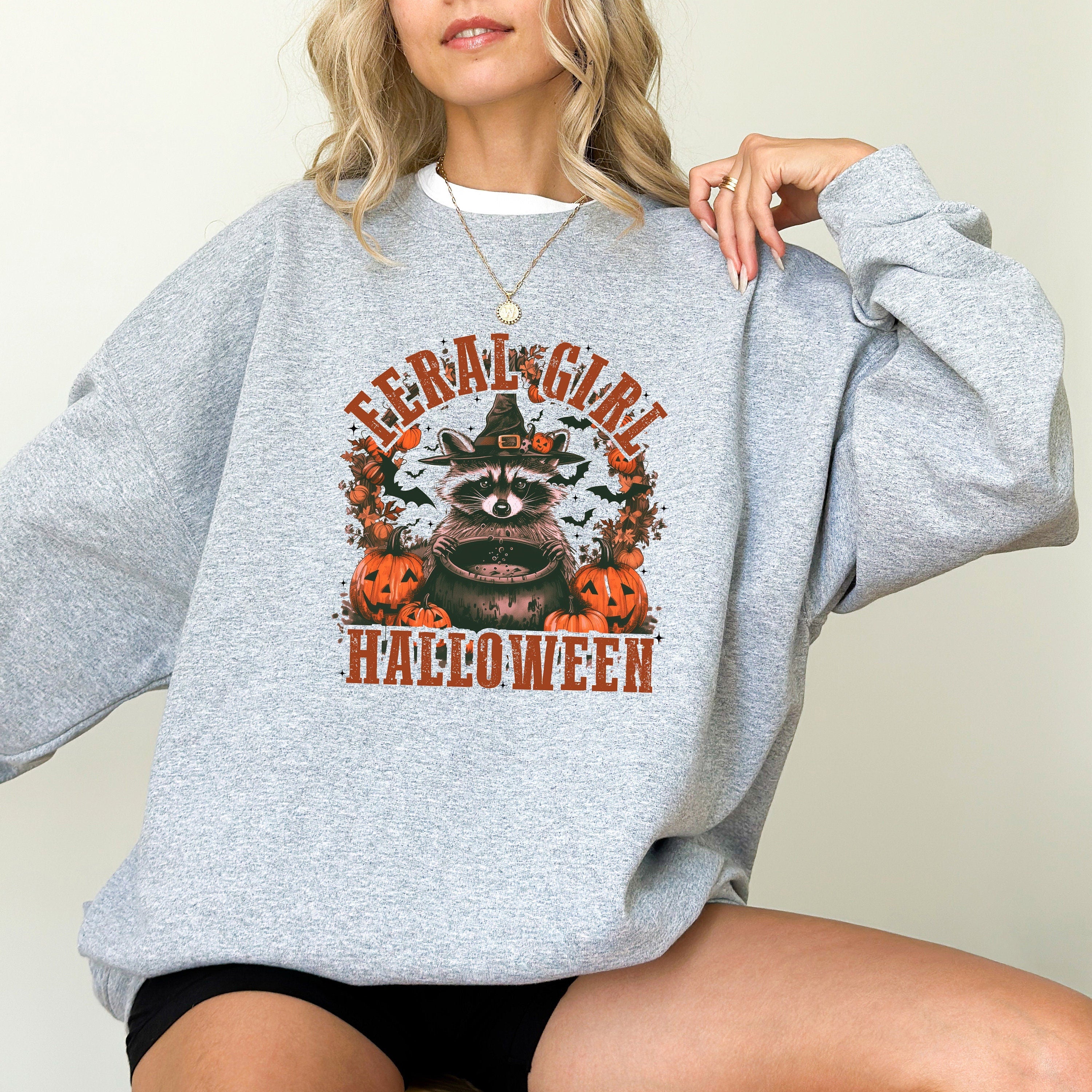 Feral Girl Halloween Crew Neck Sweatshirt, Halloween Pumpkin Design, Cute Raccoon