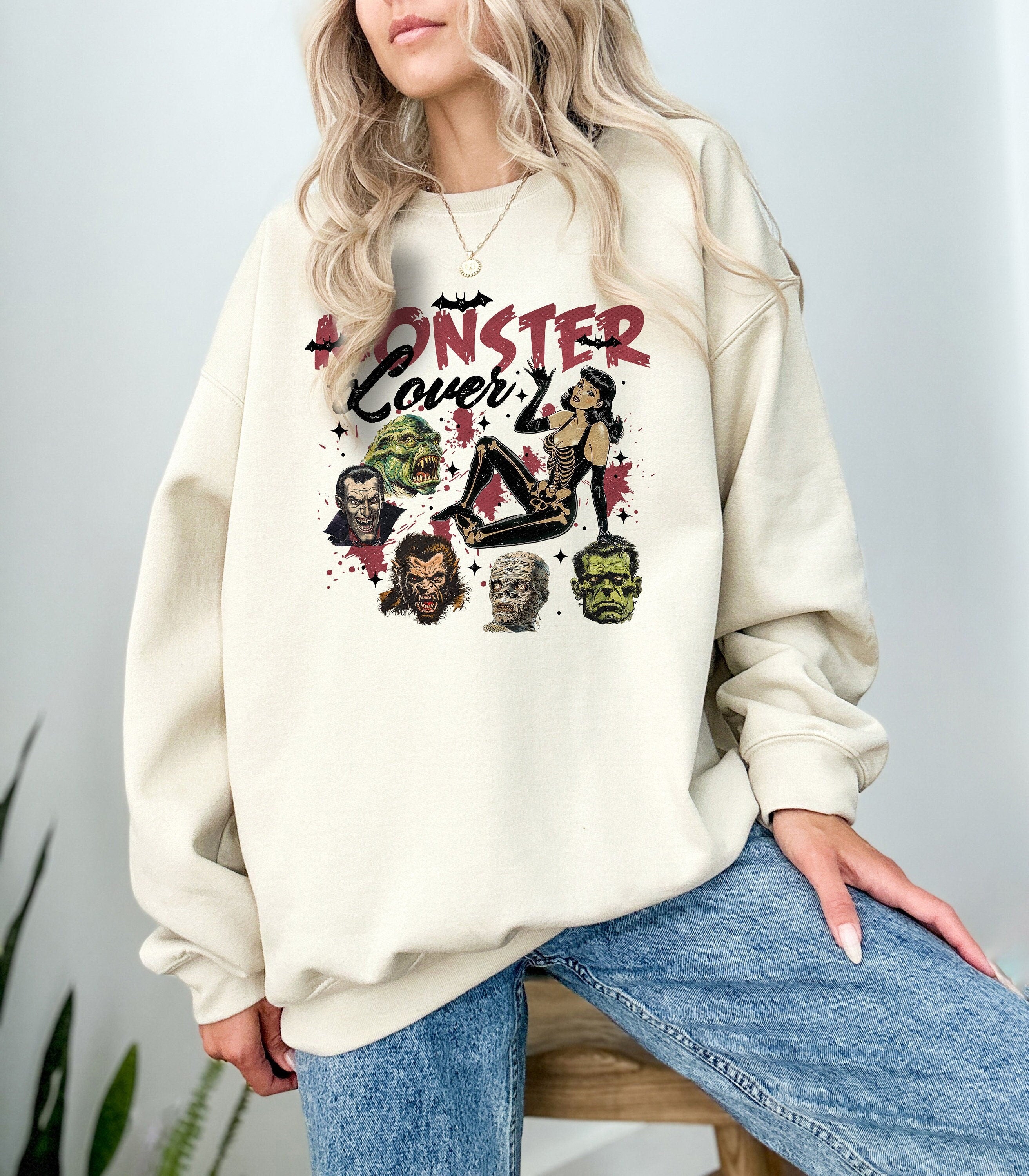 Monster lover halloween crewneck sweatshirt with different famous monster designs