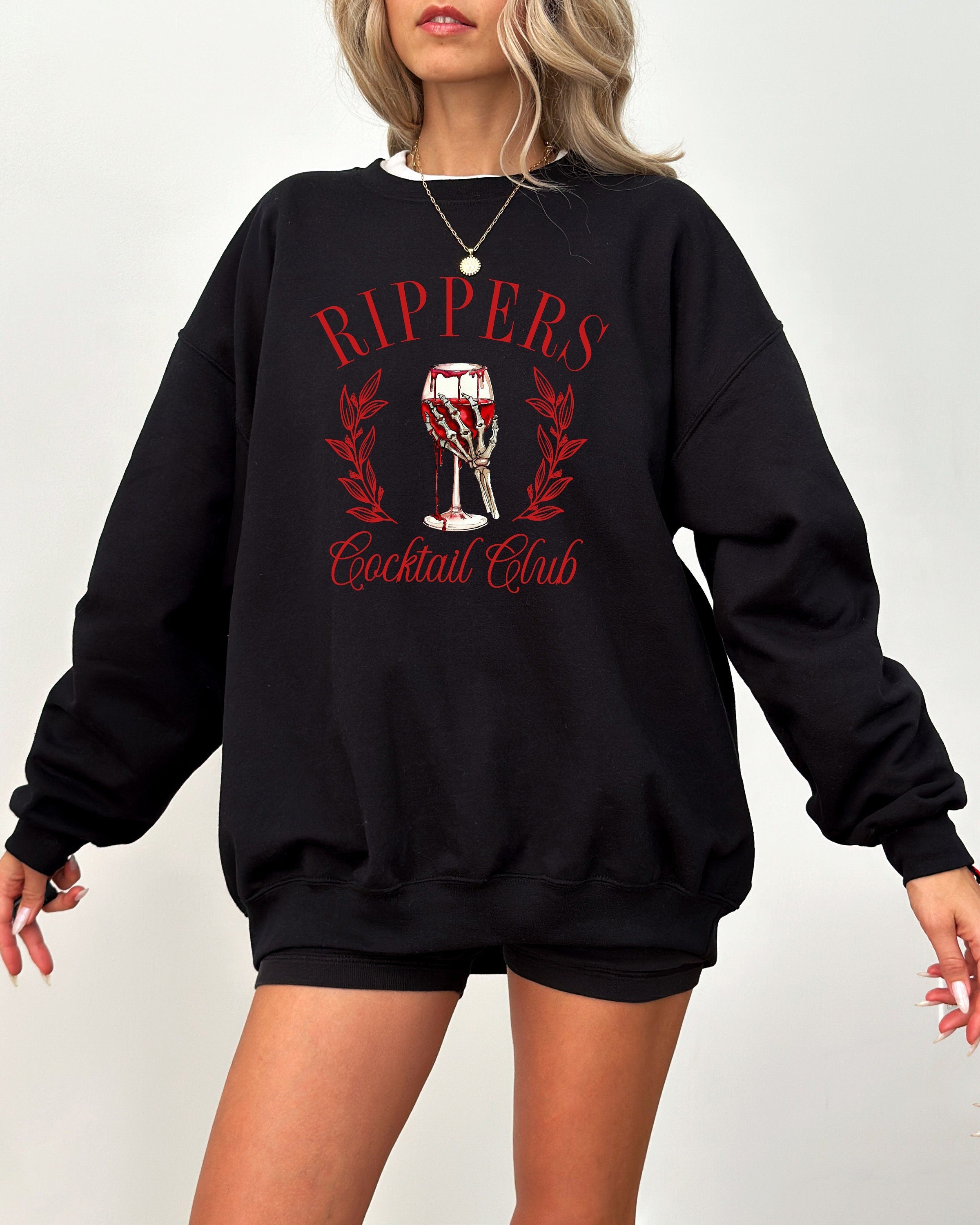 Rippers cocktail club crewneck sweatshirt, skeleton hand holding wine glass