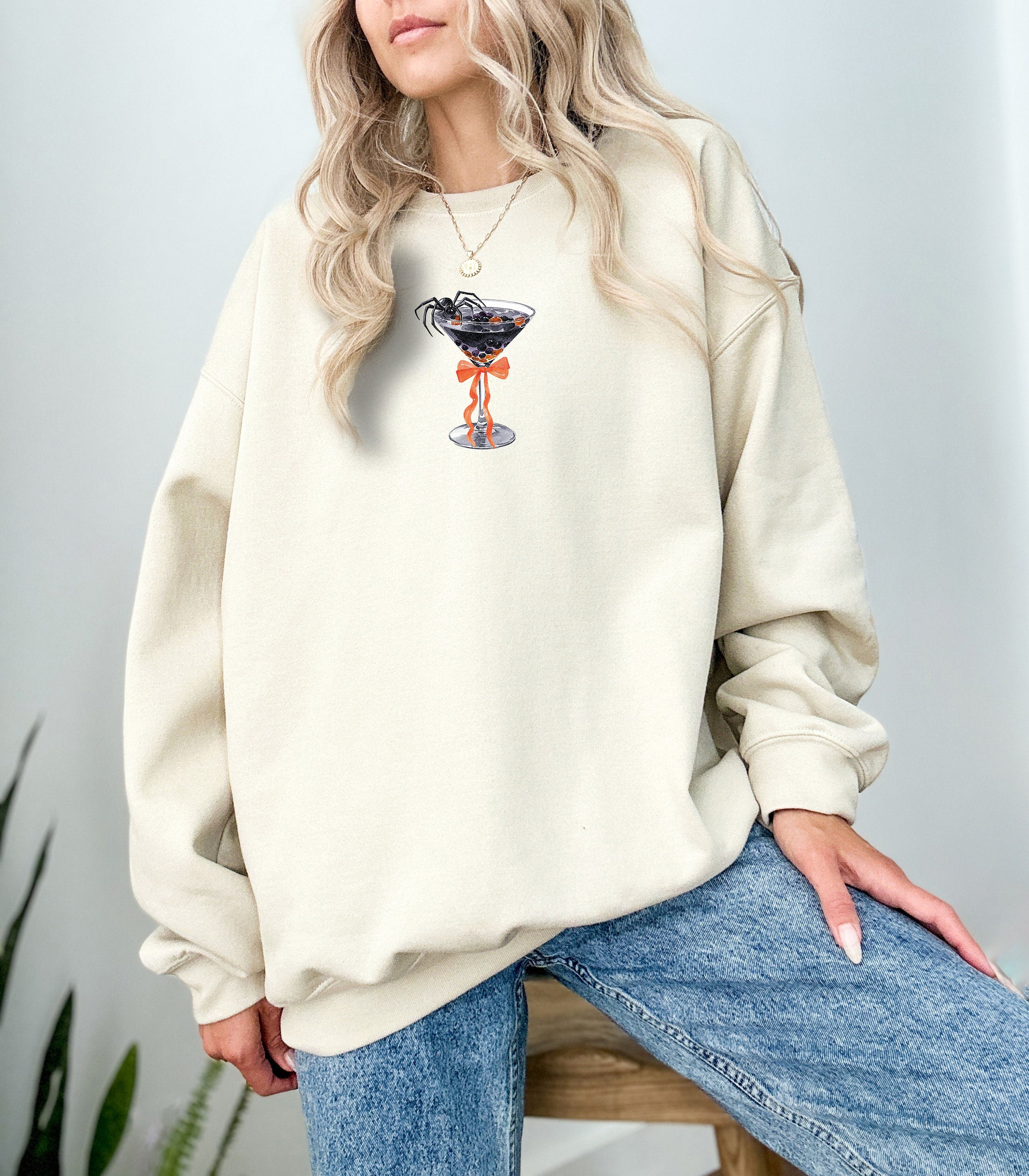 Spooky Spider Martini Halloween Crewneck Sweatshirt, Fall Design, Autumn Sweater, Spooky Season Crew, Pumpkin T, Halloween Cocktail 2024