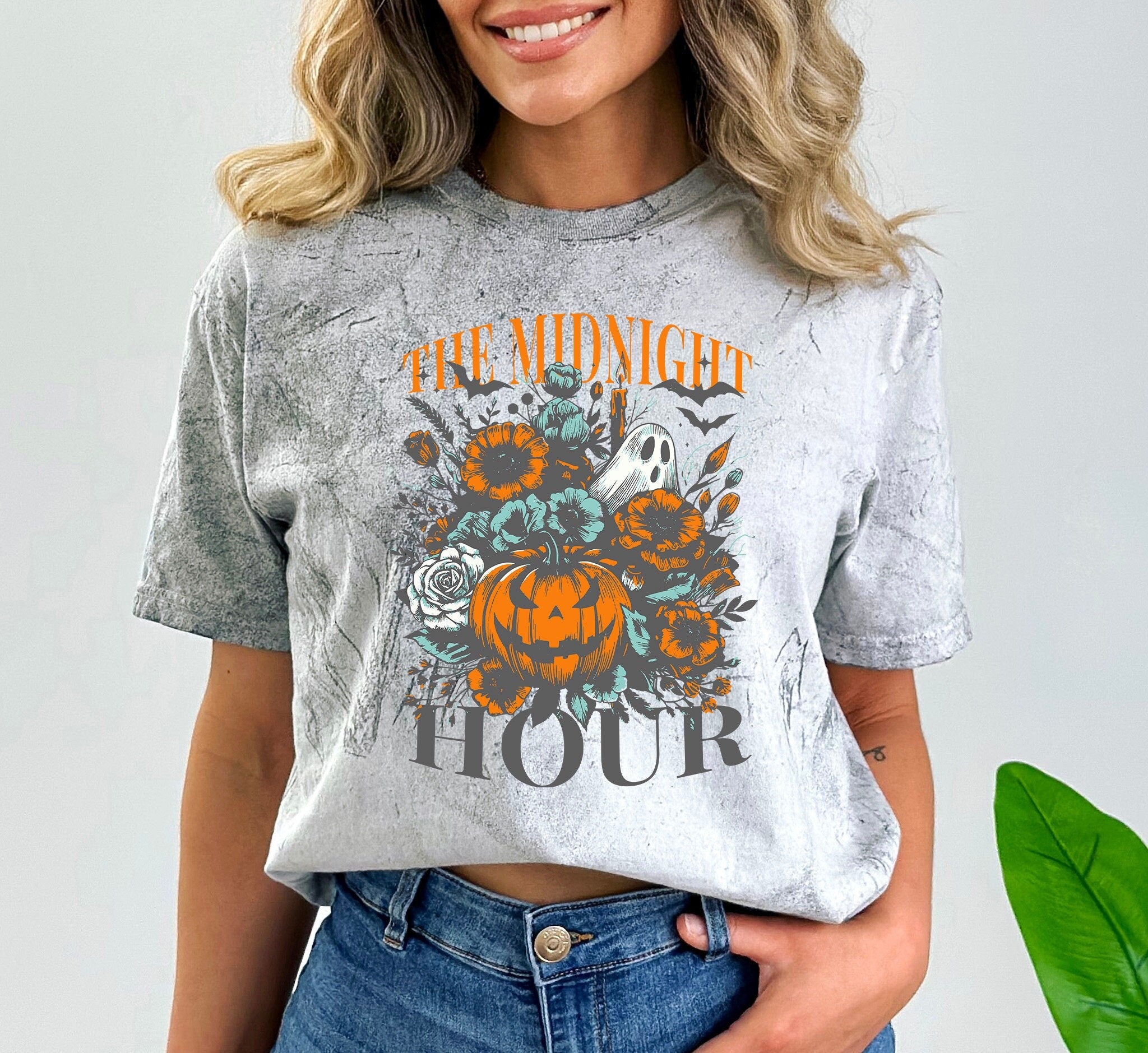 The midnight hour tie dye shirt with jack o lantern pumpkin, fall foliage, bats and a ghost