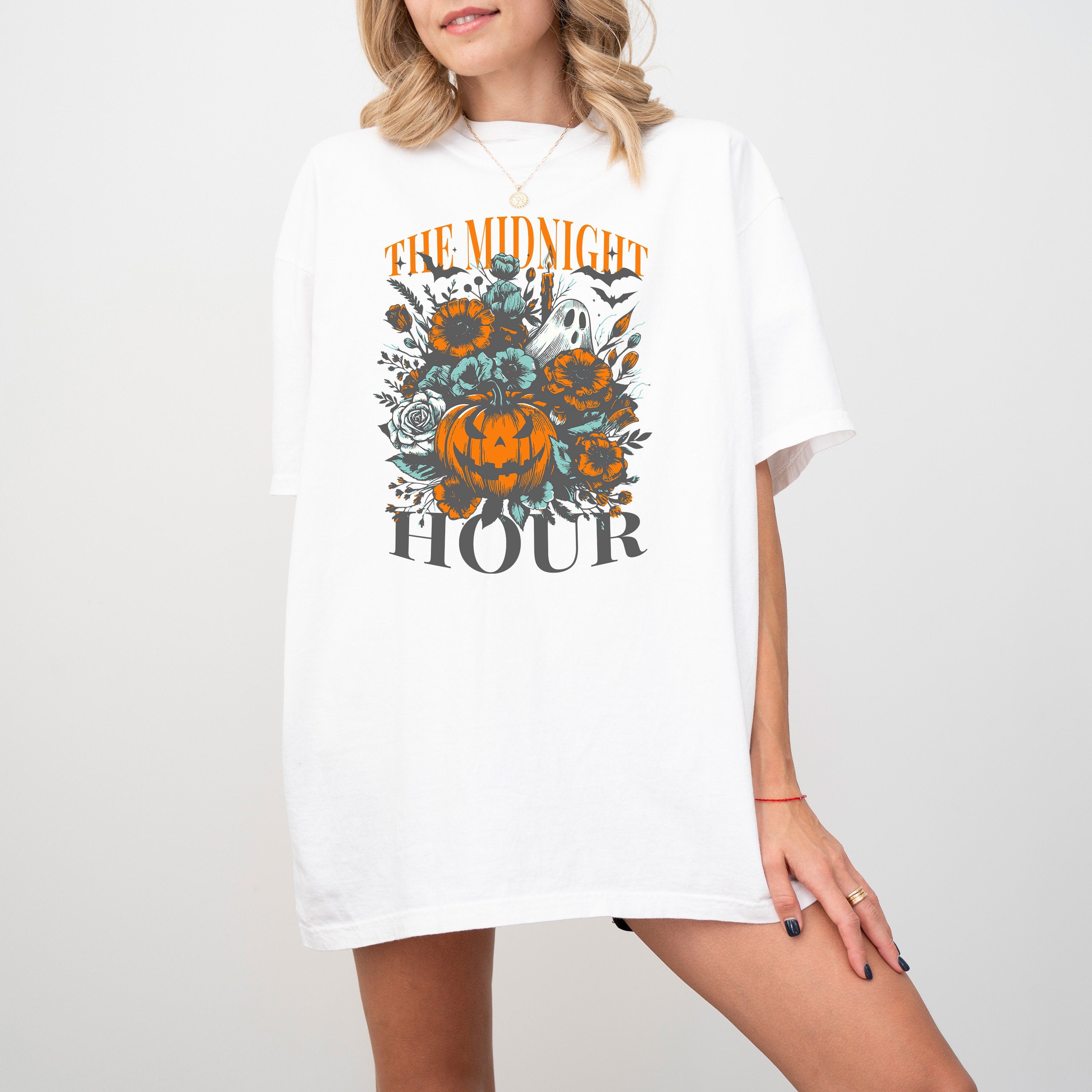 The Midnight Hour Comfort Colors T Shirt, Halloween T, Spooky Retro Trick or Treat Shirt, Autumn T, Jack O Lantern Pumpkin, Ghost and Bats T