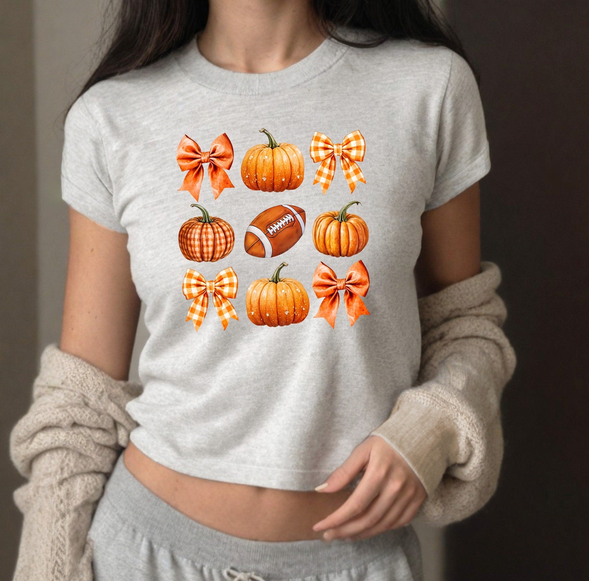 Fall Favorites Baby Tee, Pumpkin Bows and Football, Cute Halloween Graphic T, Autumn T Shirt, Fall Design Vintage y2k baby tee 90s