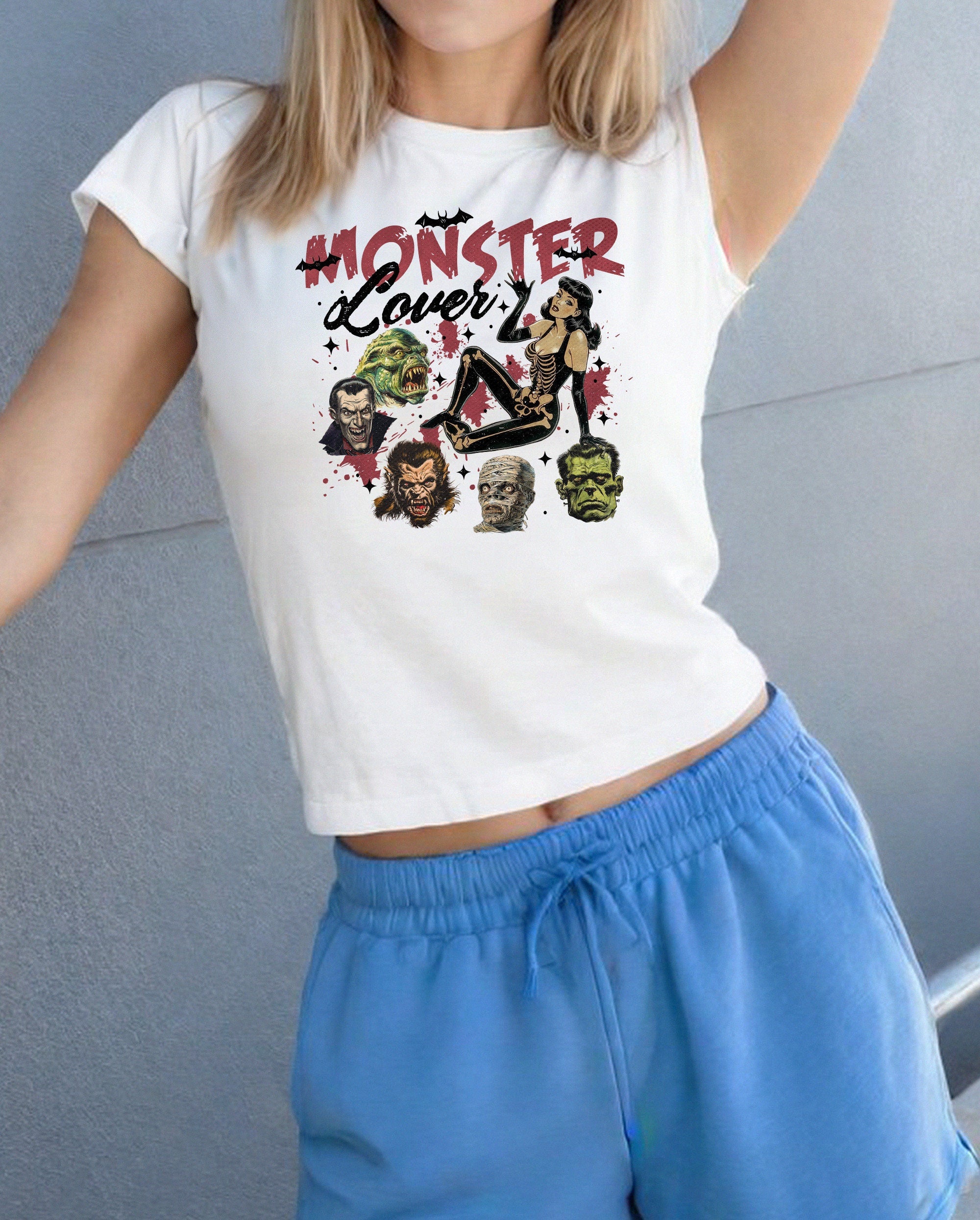 Monster Lover Baby Tee, Cute Halloween Graphic T, 90s TShirt, Black Bows Y2K Halloween Shirt, Pumpkin Design, Spooky Horror Film Shirt