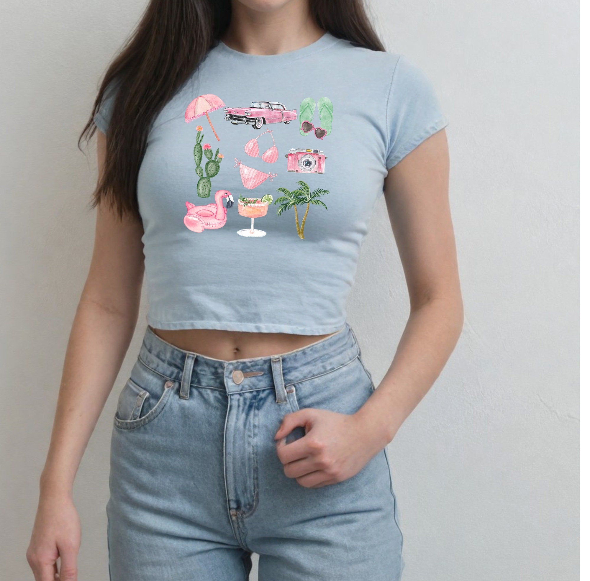 Retro Summer Collage Baby Tee , Pink, Palm Trees Baby Tee, Cute Baby, Graphic Tee, y2k baby tee, 90s baby tee, y2k, Crop