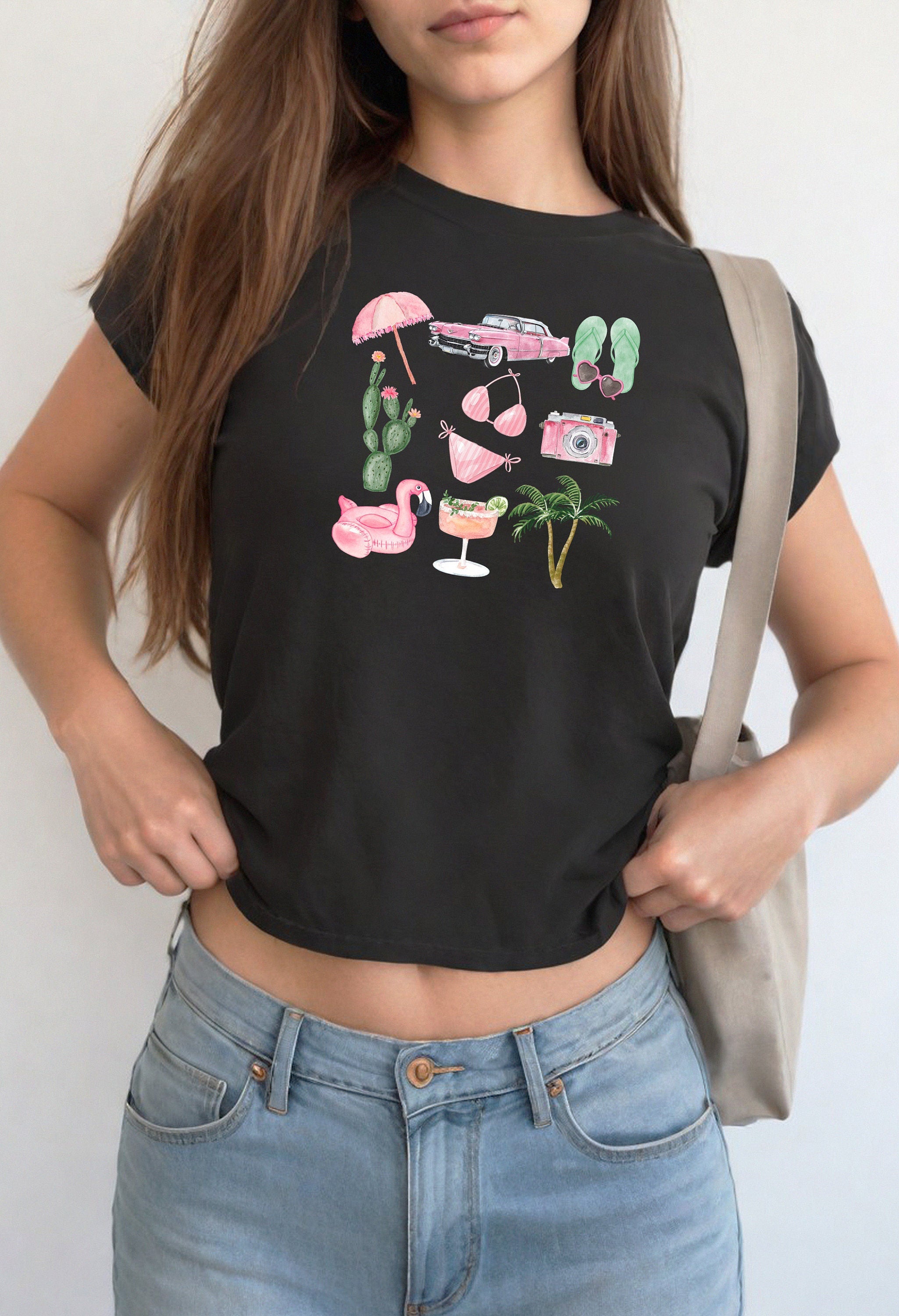 Retro Summer Collage Baby Tee , Pink, Palm Trees Baby Tee, Cute Baby, Graphic Tee, y2k baby tee, 90s baby tee, y2k, Crop