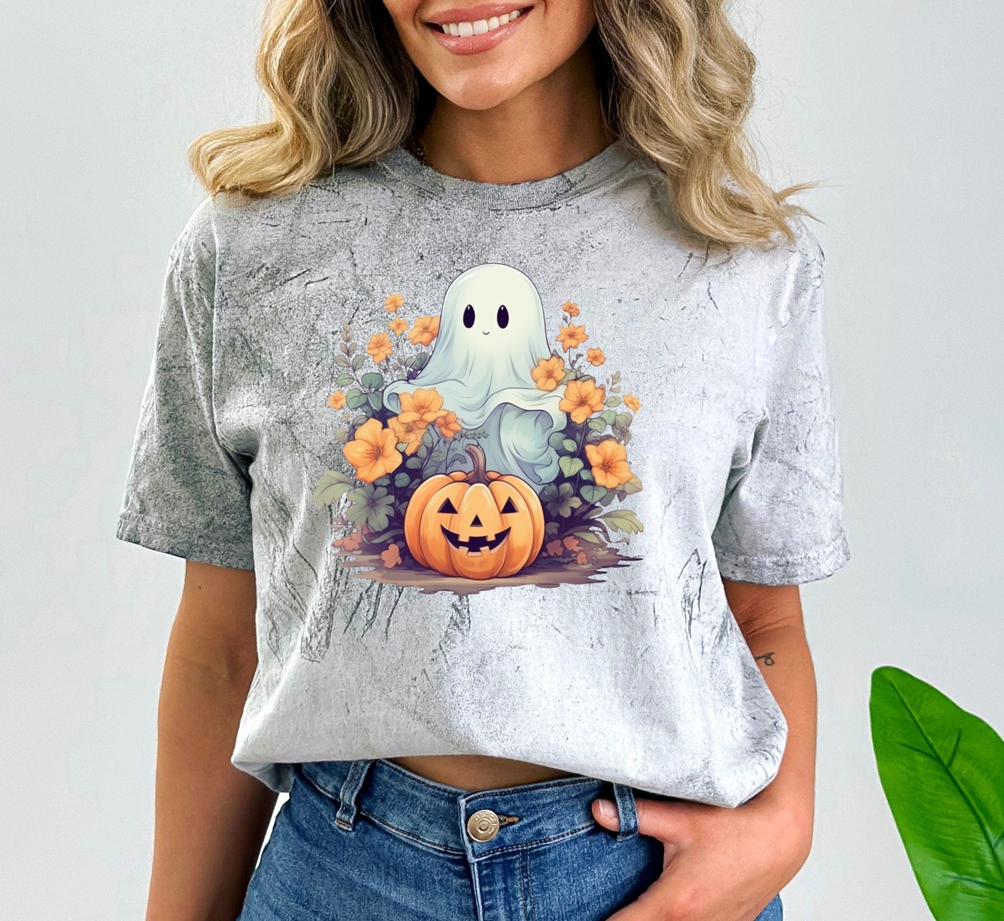 Floral Ghost Pumpkin Retro Halloween Tie Dye Comfort Colors Shirt, Vintage Grunge Halloween,Halloween T Shirt, Fall Shirt, Autumn Tee