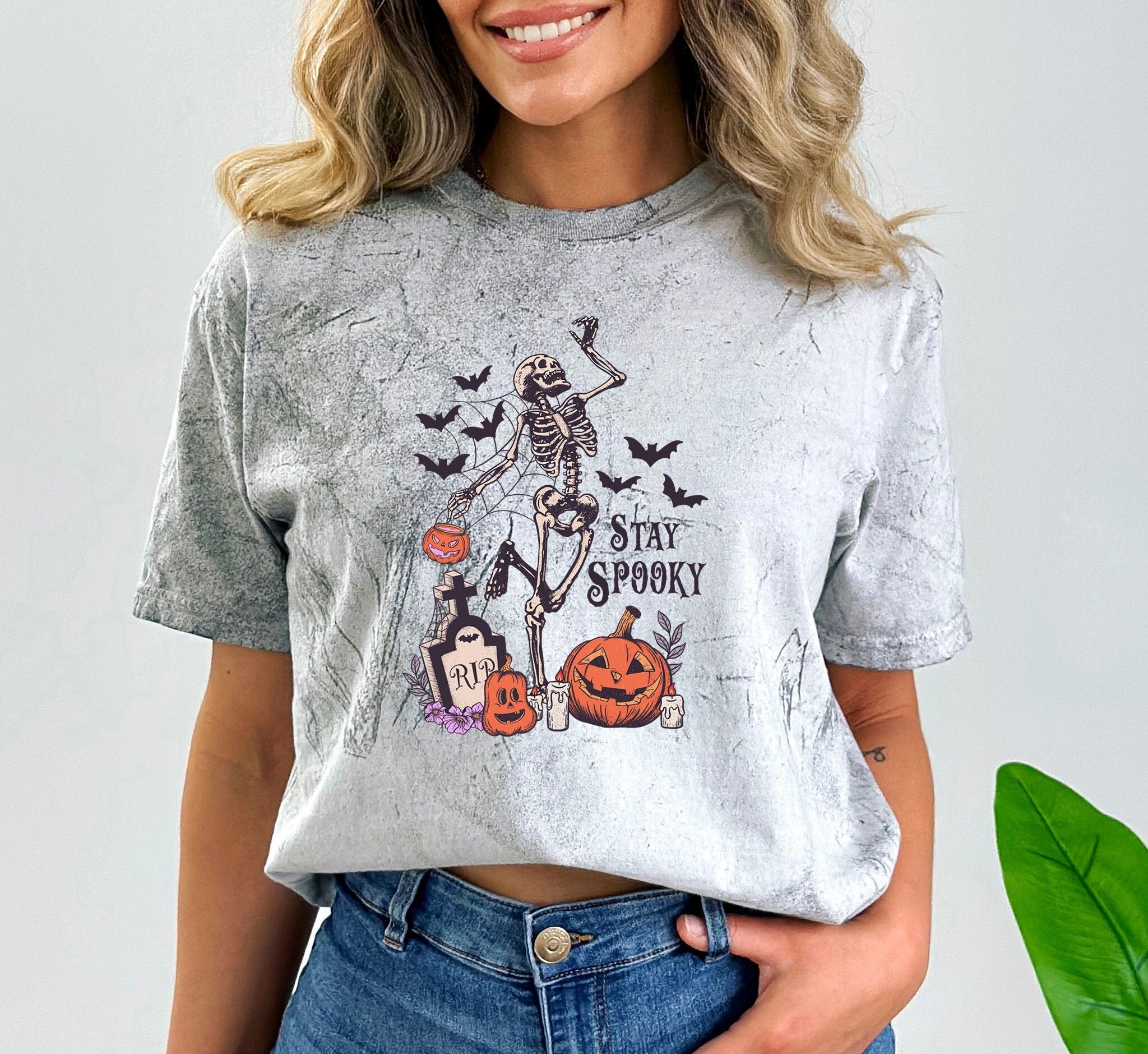 Stay Spooky, Smokey Tie Dye Comfort Colors T Shirt, Halloween design, Skeleton Trick or Treating, Pumpkins, Graveyard