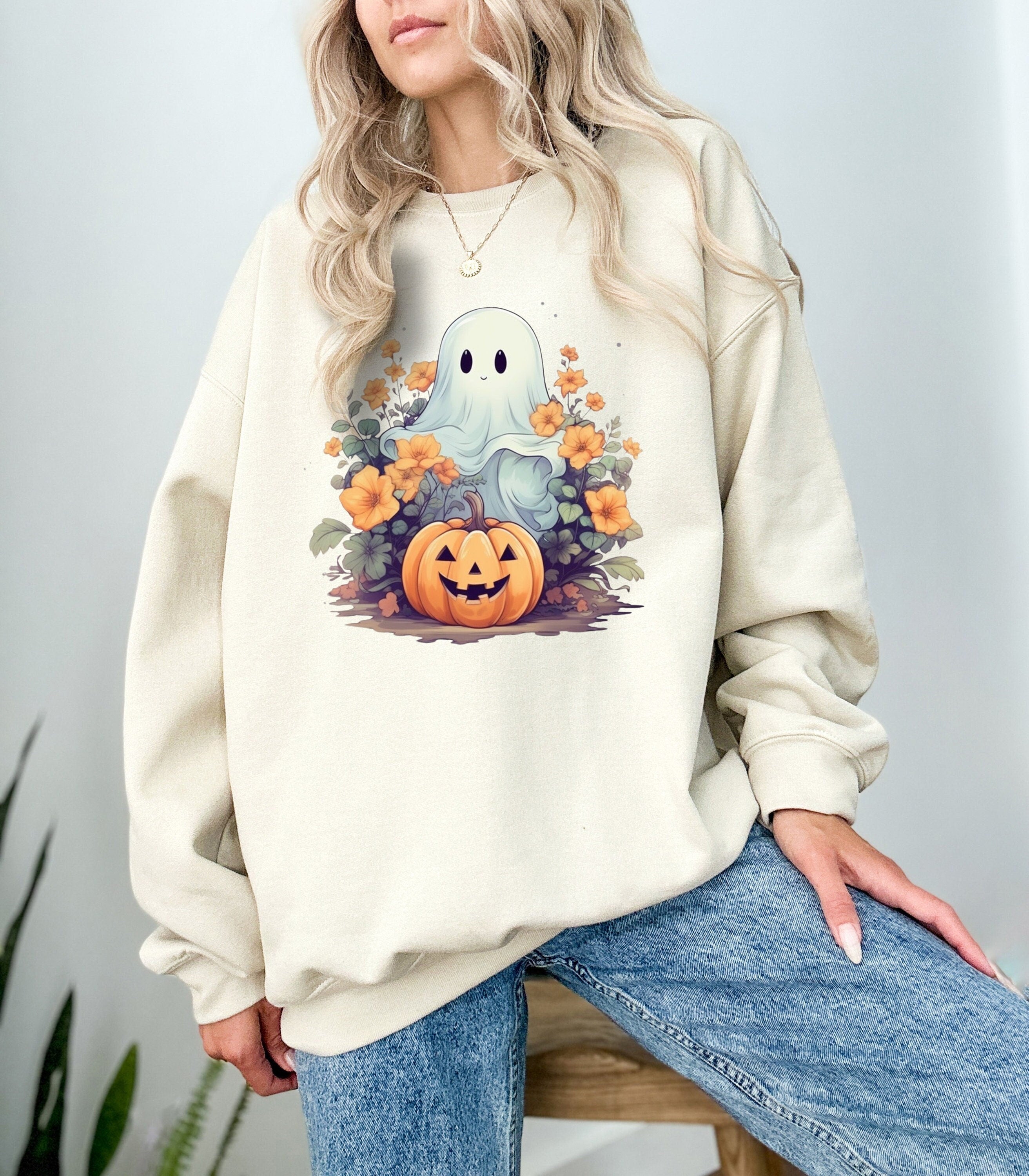 Cute Ghost And Jack O Lantern Halloween Sweatshirt, Fall Design, Cute Vintage Halloween Crew Neck, Funny Halloween Sweater, Autumn Sweater,