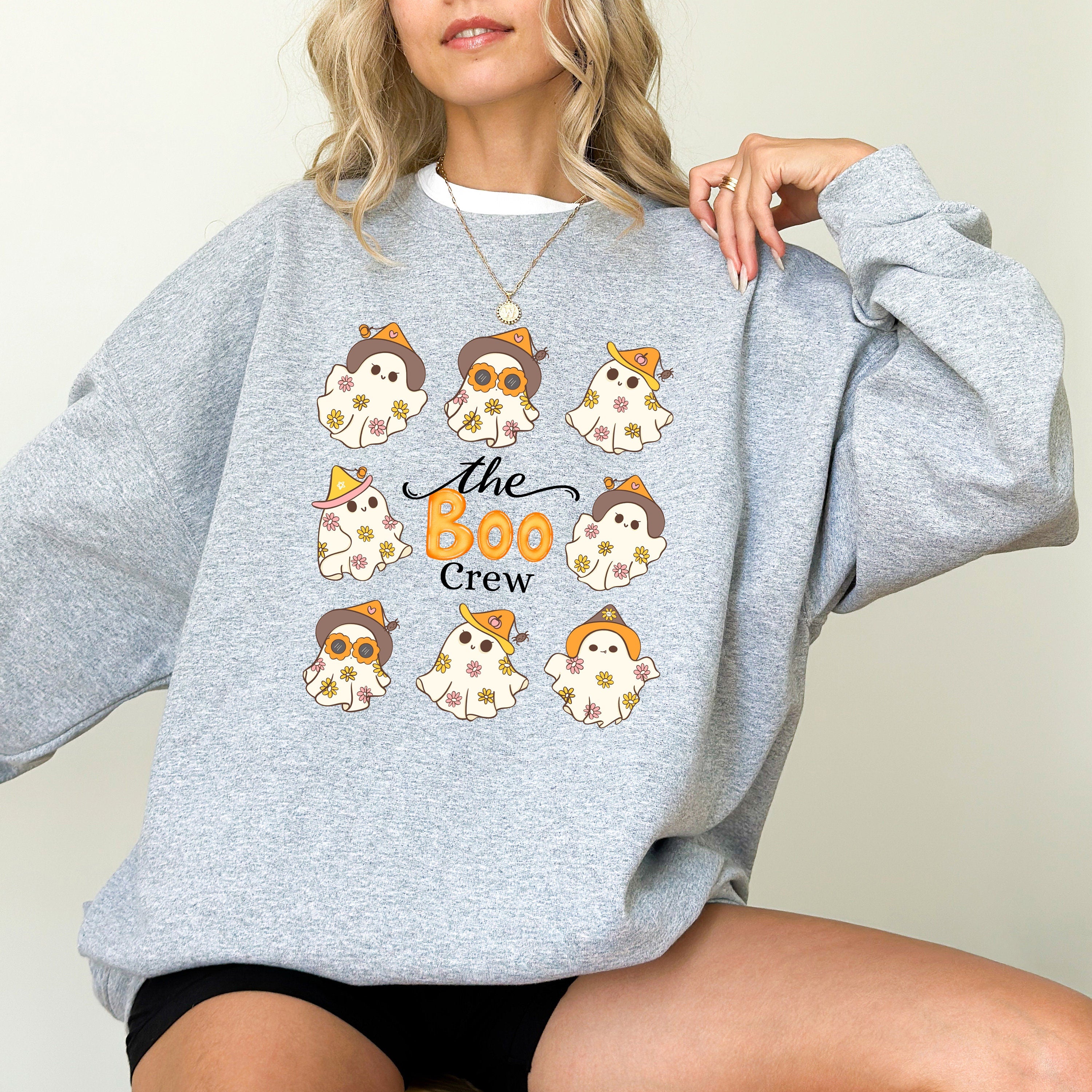 The Boo Crew Halloween Sweatshirt, Cute Ghost Collage, Fall Design, Vintage Halloween Crew Neck, Cowboy Ghosts Sweater, Autumn Sweater,