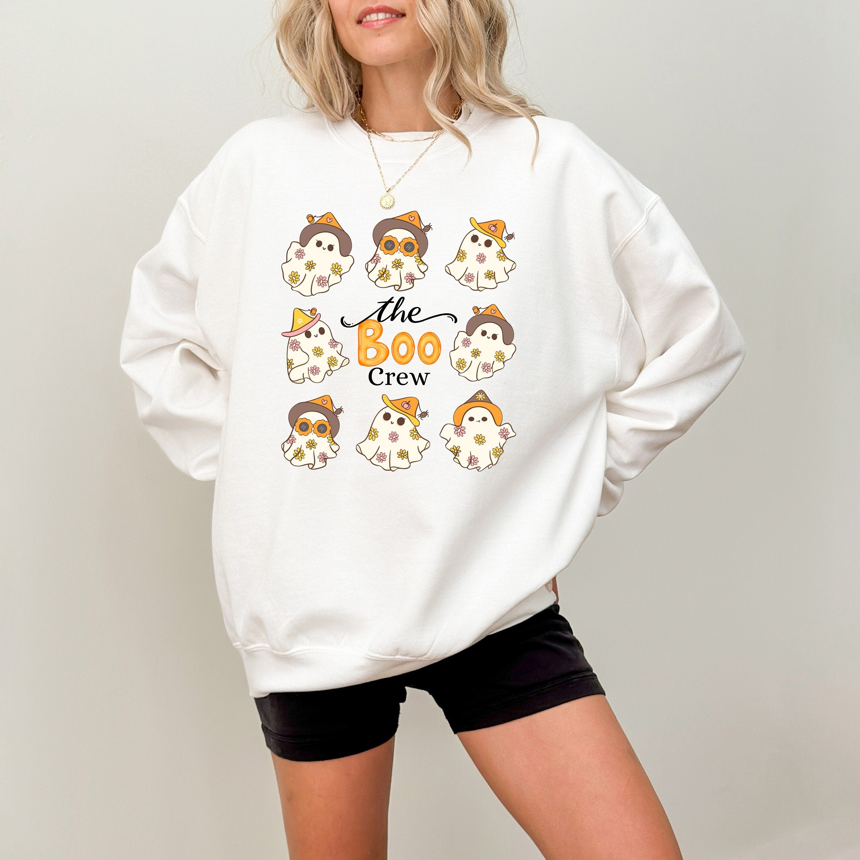 The Boo Crew Halloween Sweatshirt, Cute Ghost Collage, Fall Design, Vintage Halloween Crew Neck, Cowboy Ghosts Sweater, Autumn Sweater,