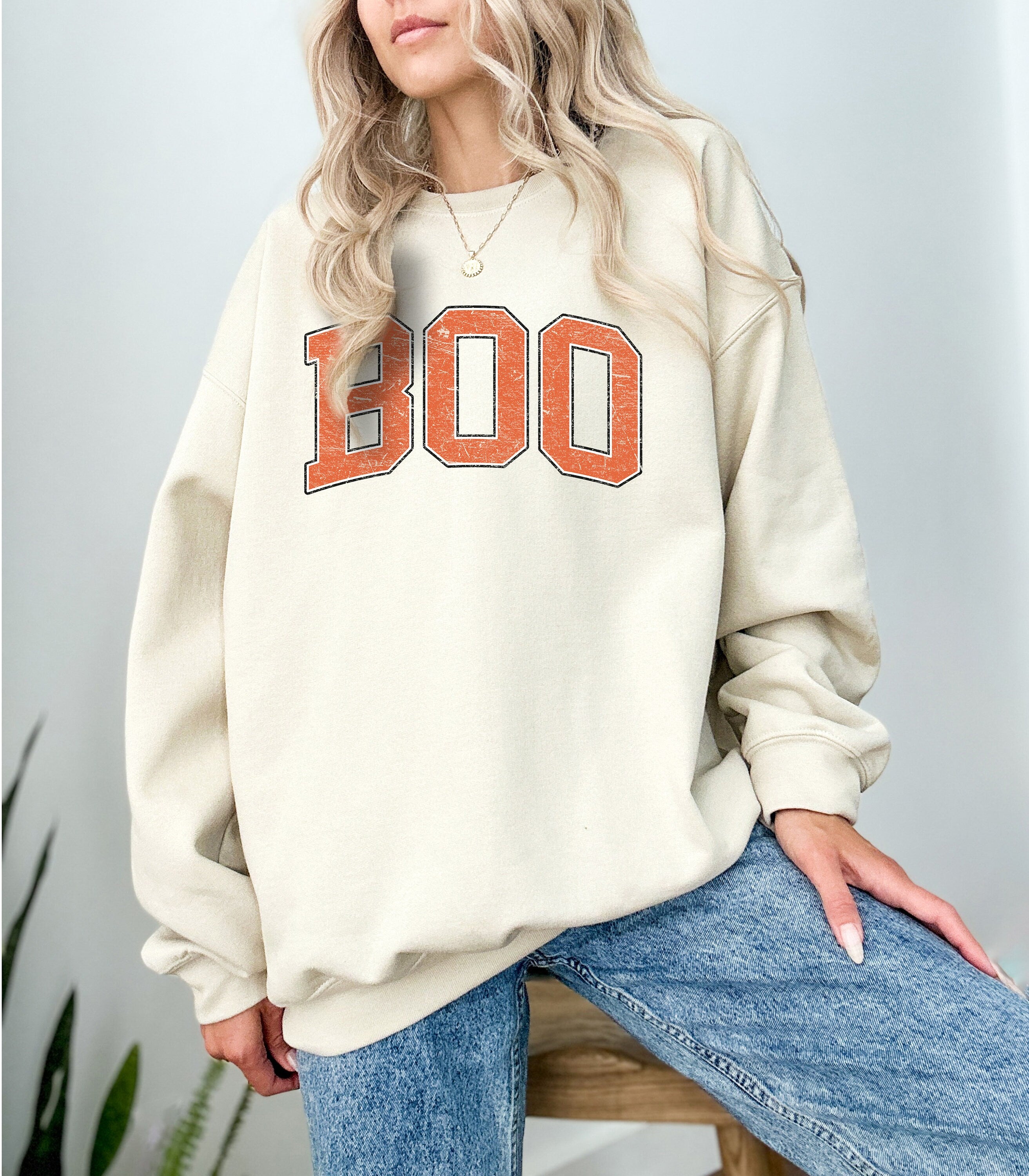 Retro Boo Varsity Letters Sweatshirt, Fall Design, Vintage Unisex Halloween Crew Neck, Autumn Sweater, Spooky Season Sweatshirt, 2024